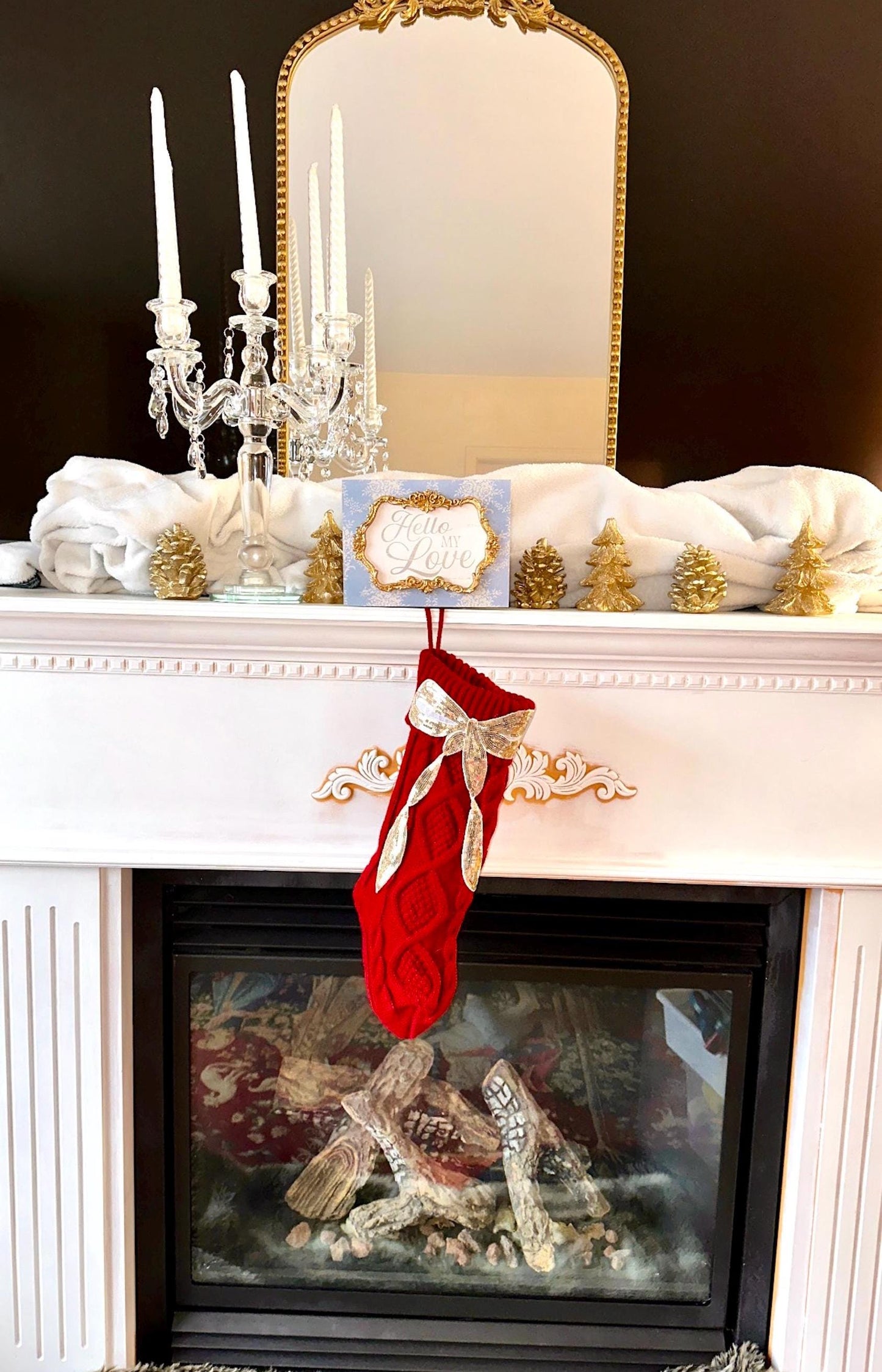 Bow Christmas Stocking, Coquette Christmas Stocking, Red Knit Christmas Stocking, Sequin Christmas Stocking, Gold Bow Christmas Decoration