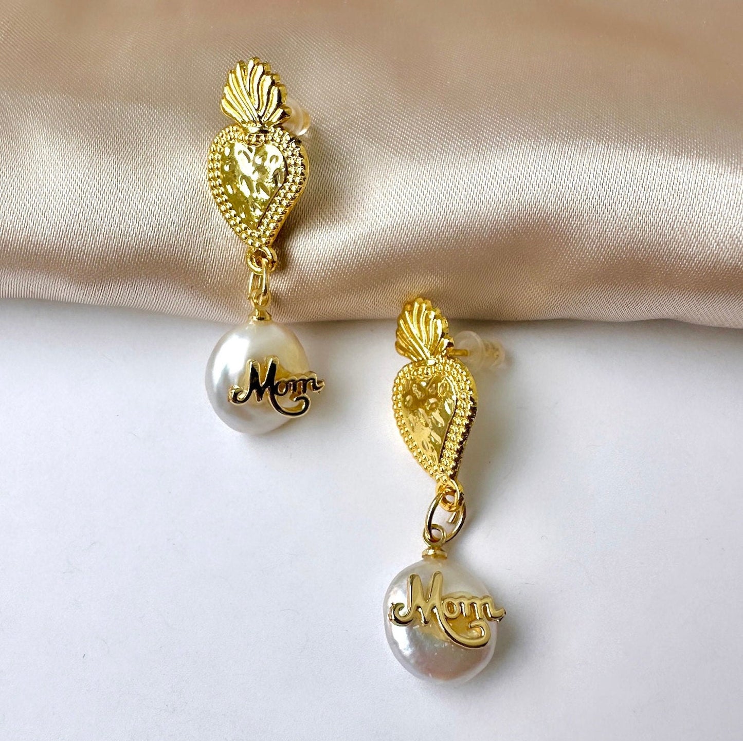 Mom Dangle Earrings, Mother's Day Earrings, Mother's Day Gift For Her, Gold Sacred Heart Earrings, Milagro Earrings Gold, Ex Voto Earrings