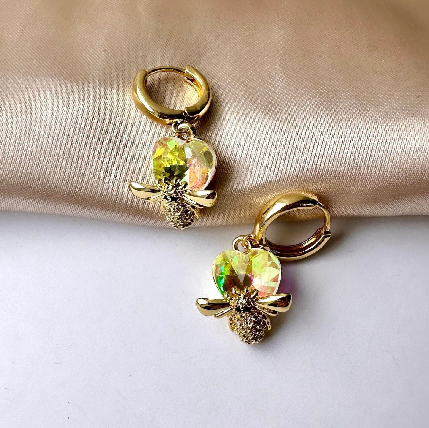 Bee Hoop Earrings, Gold Bee Earrings, Gold Plated Huggie Hoops, Bee Gifts, Gold Bee Jewelry, Heart Hoop Earrings, Cz Heart Earrings