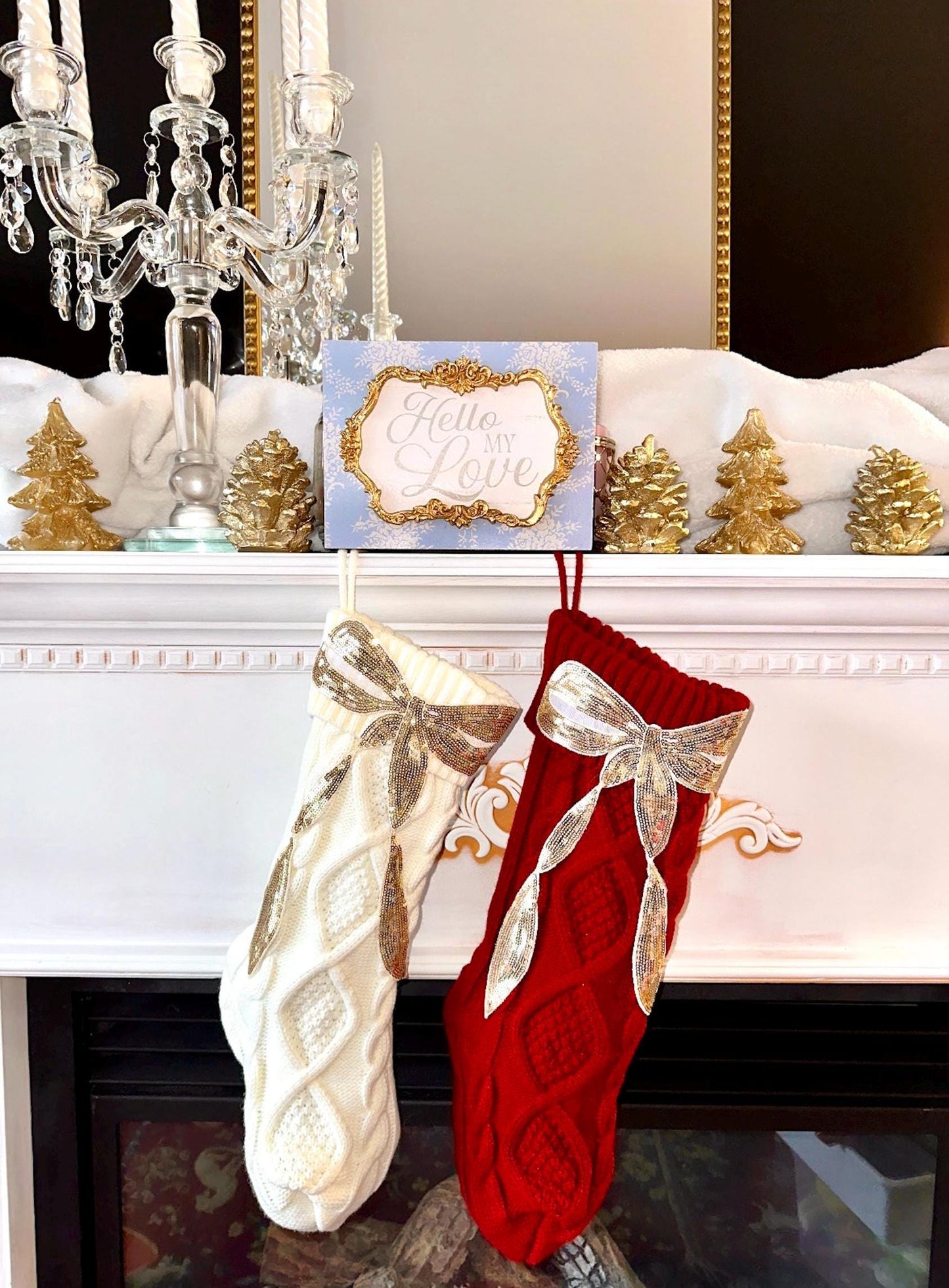 Bow Christmas Stocking, Coquette Christmas Stocking, Red Knit Christmas Stocking, Sequin Christmas Stocking, Gold Bow Christmas Decoration