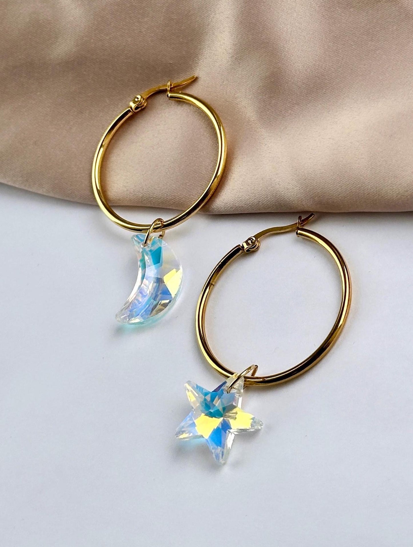 Star And Moon Hoop Earrings, Gold Celestial Earrings, Aurora Borealis Earrings, Asymmetrical Earrings, Gold Hoops, Crystal Star Earrings