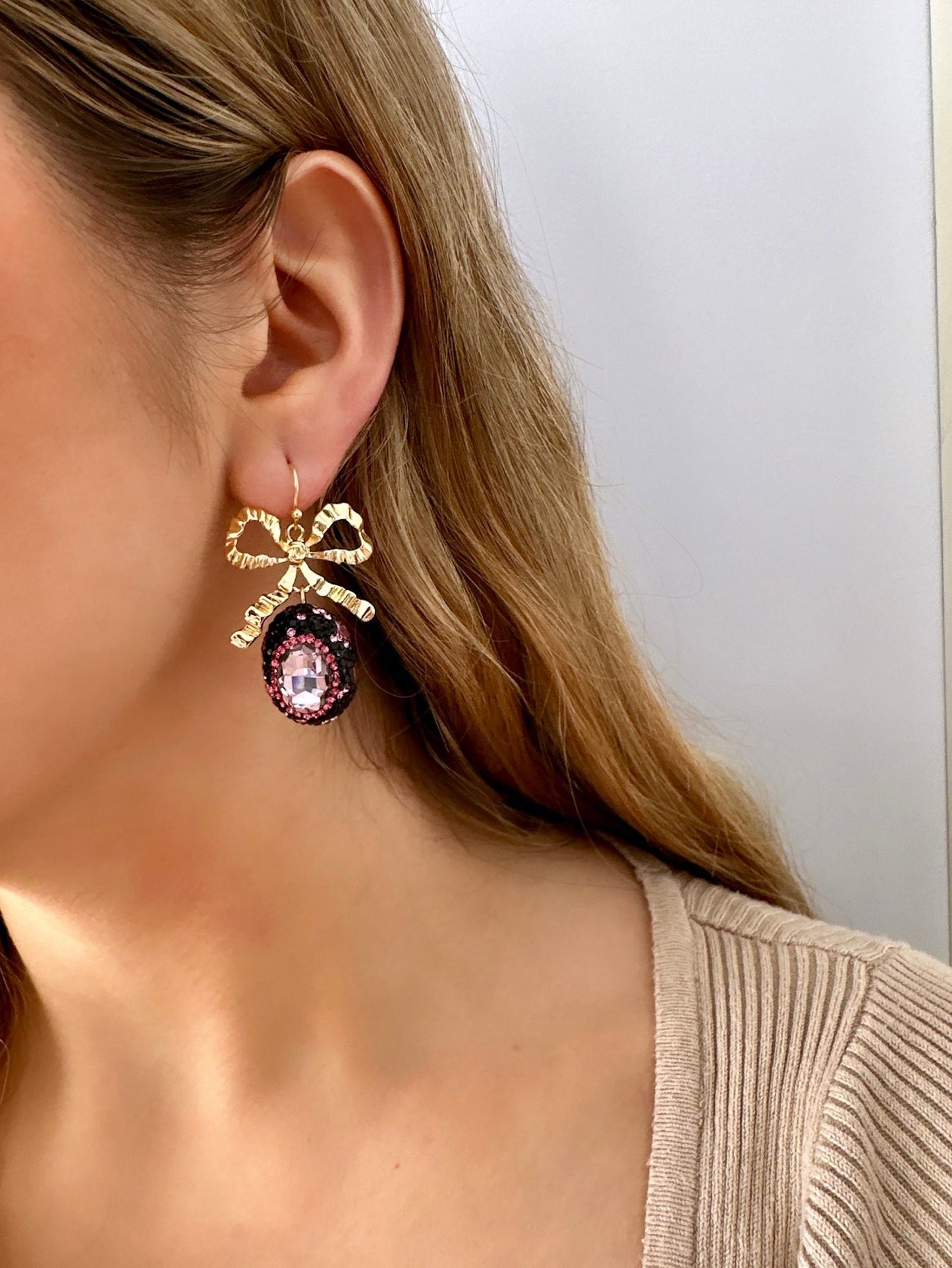Statement Bow Earrings, Polymer Clay Easter Earrings, Easter Egg Earrings, Gold Bow Earrings, Gold Bowknot Earrings, Vintage Easter Earrings