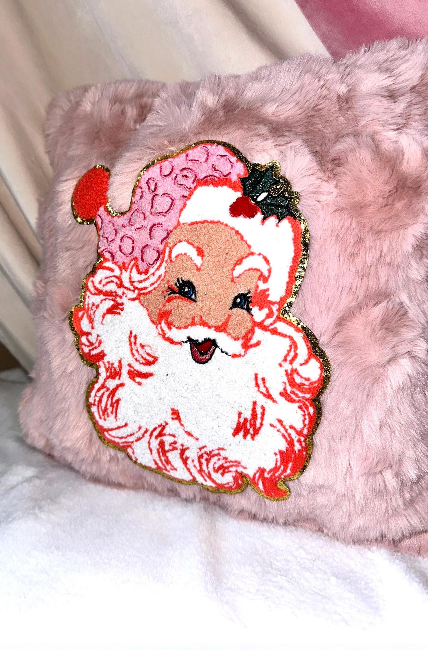 Retro Santa Pillow, Pink Santa Pillow, Coquette Christmas Pillow, Pink Christmas Pillow, Faux Fur Christmas Pillow, Pink Decor Pillows