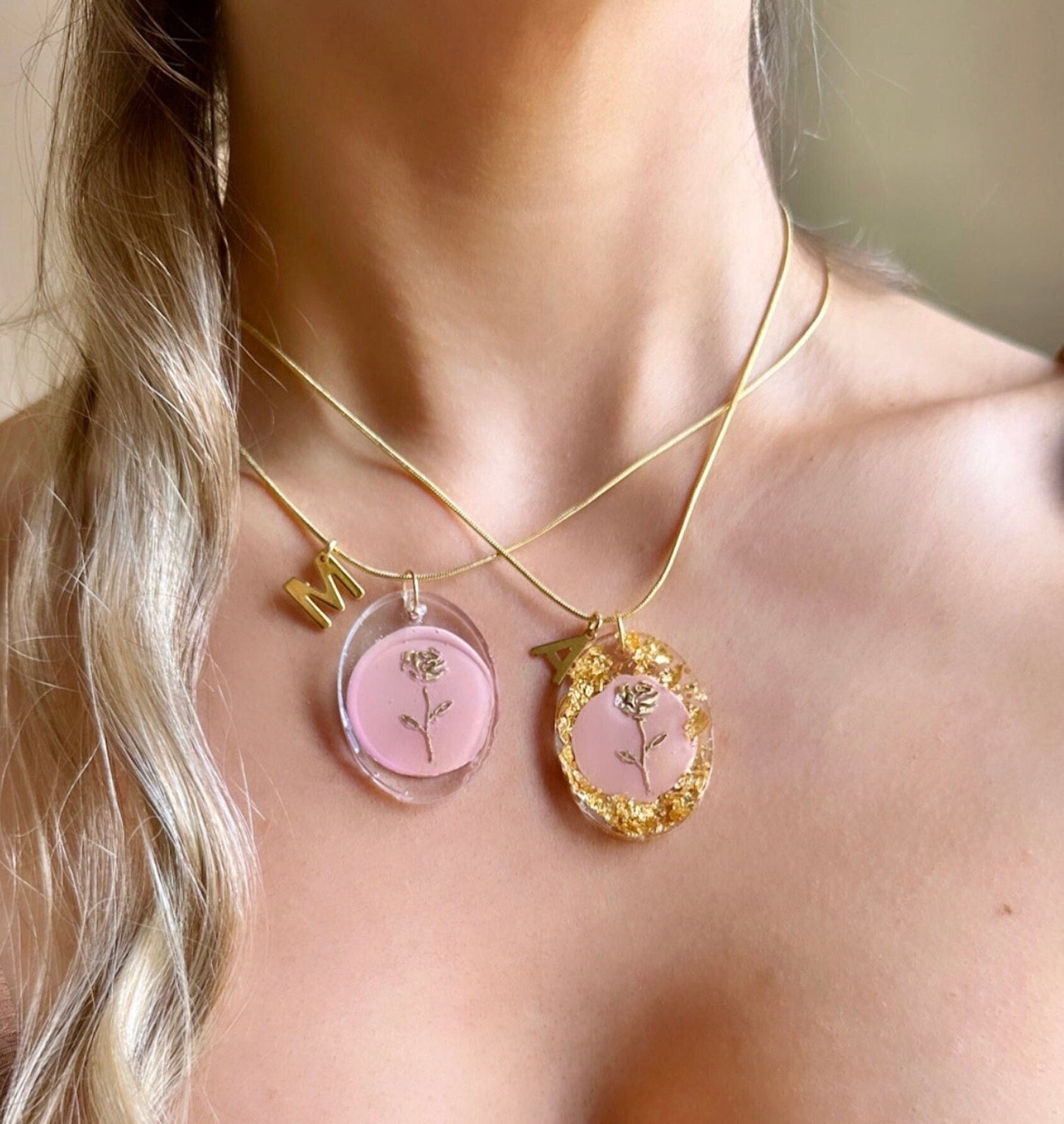 Resin Rose Necklace, Gold Initial Necklace Stainless Steel, Gold Rose Flower Necklace, Gold Letter Necklace, Custom Flower Necklace