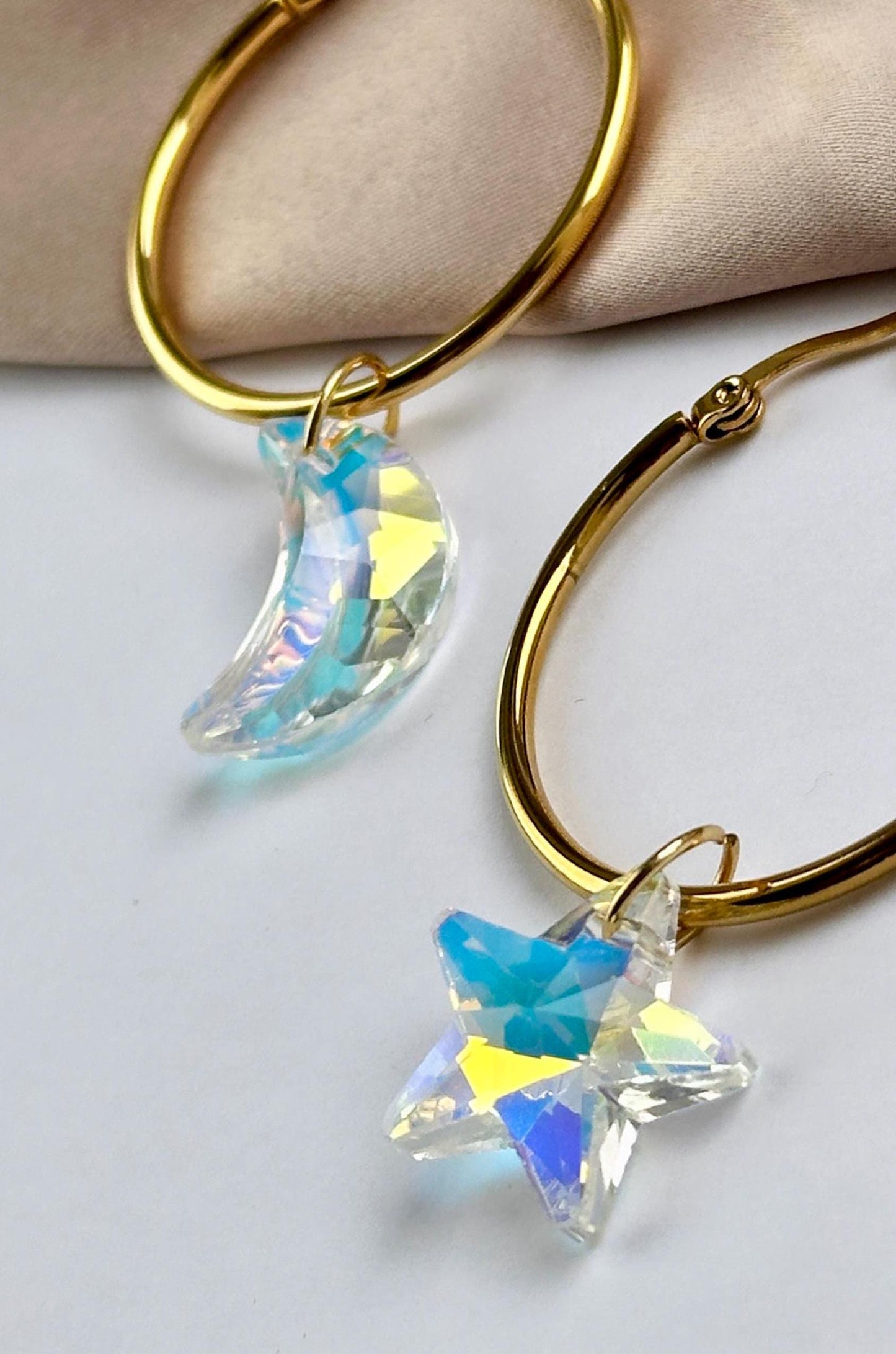 Star And Moon Hoop Earrings, Gold Celestial Earrings, Aurora Borealis Earrings, Asymmetrical Earrings, Gold Hoops, Crystal Star Earrings