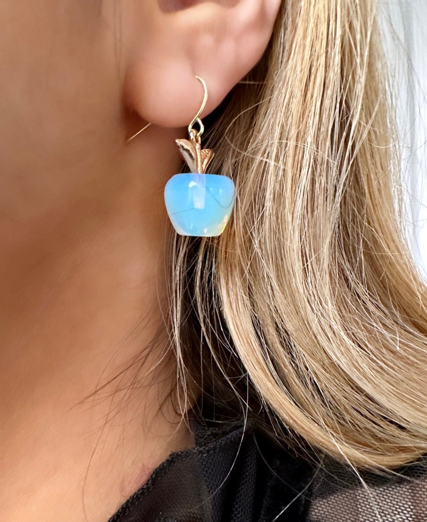 Teacher Earrings, Gold Apple Earrings, Apple Teacher Gift, Apple Jewelry, Moonstone Dangle Earrings, End Of Year Teacher Gift, Fruit Earring