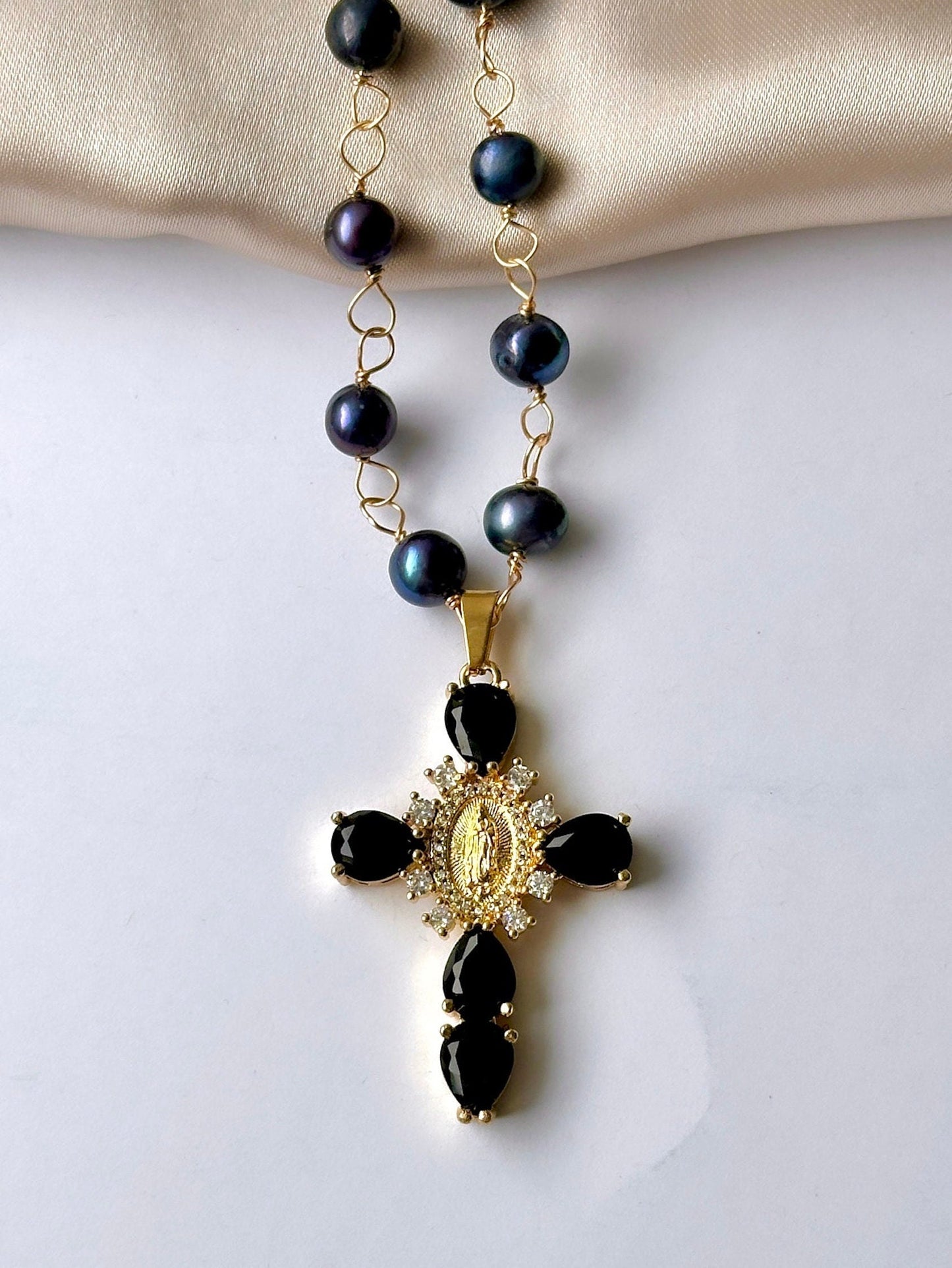 Black Cross Necklace For Women, Pearl Cross Necklace, Black Pearl Necklace For Women, Large Cross Necklace, Real Pearl Necklace, Renaissance