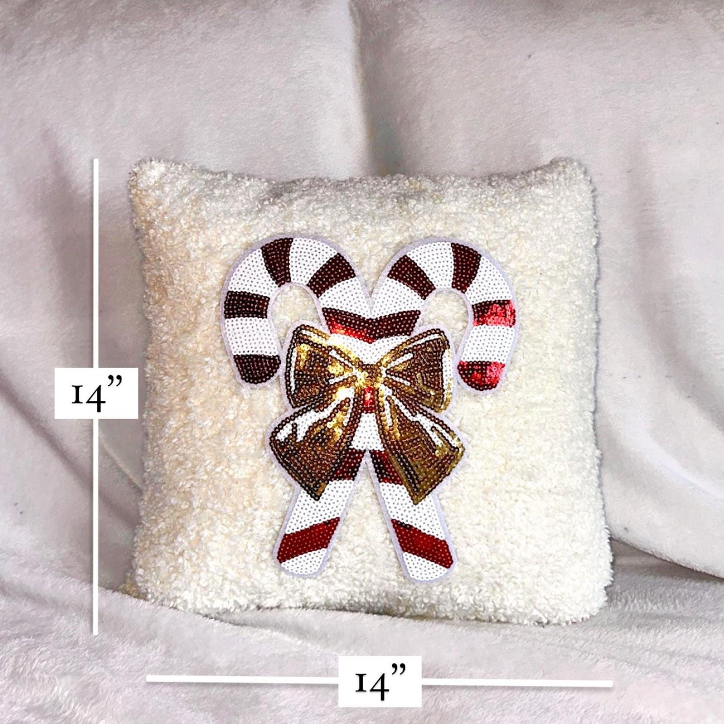 Candy Cane Christmas Pillow, White Boucle Pillow, Gold Bow Pillow, Sequin Christmas Pillow, Coquette Christmas Pillow, Cozy Decor Home