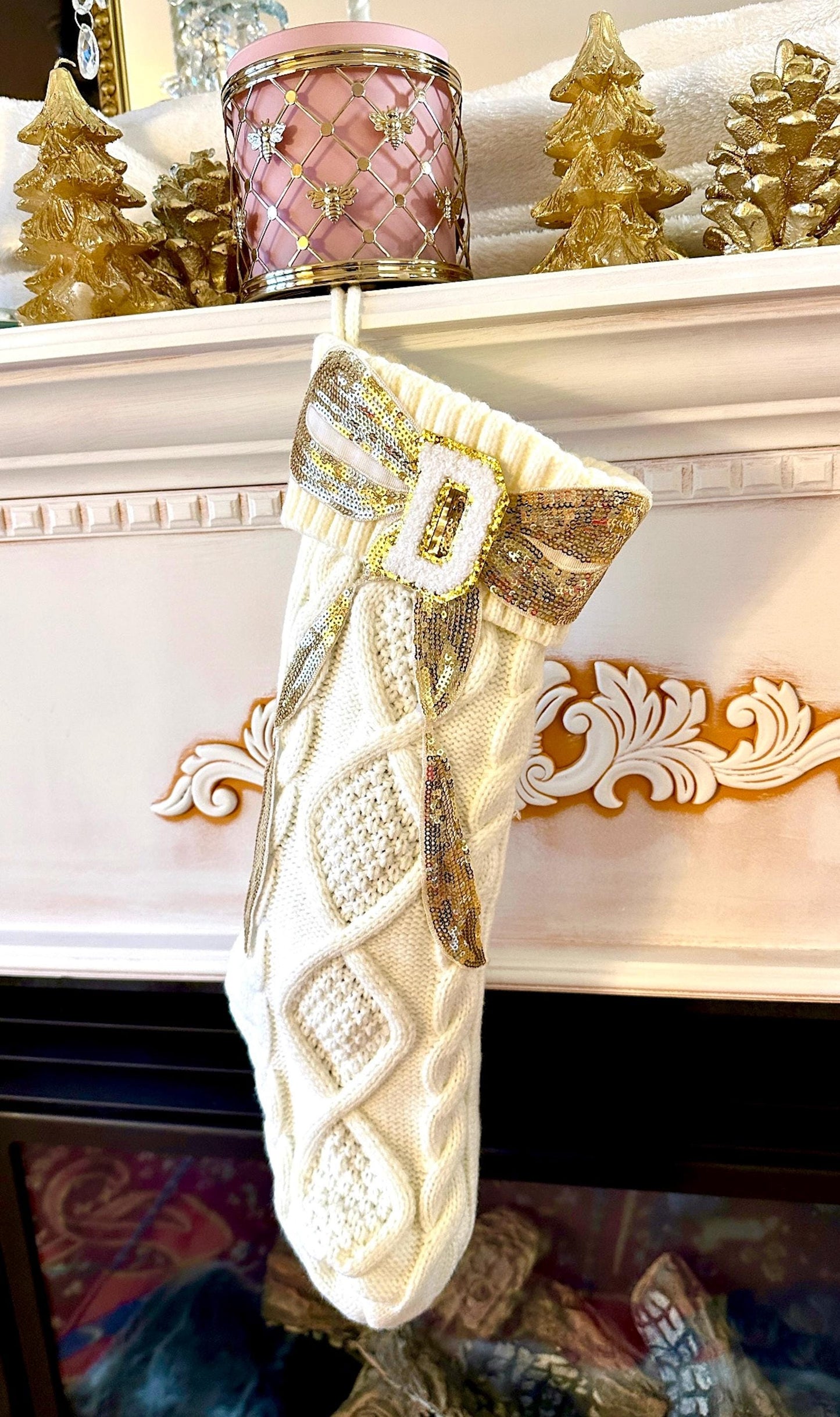 Personalized Letter Stocking, White Knit Christmas Stocking, Initial Stocking Christmas, Bow Christmas Stocking, Custom Christmas Stocking