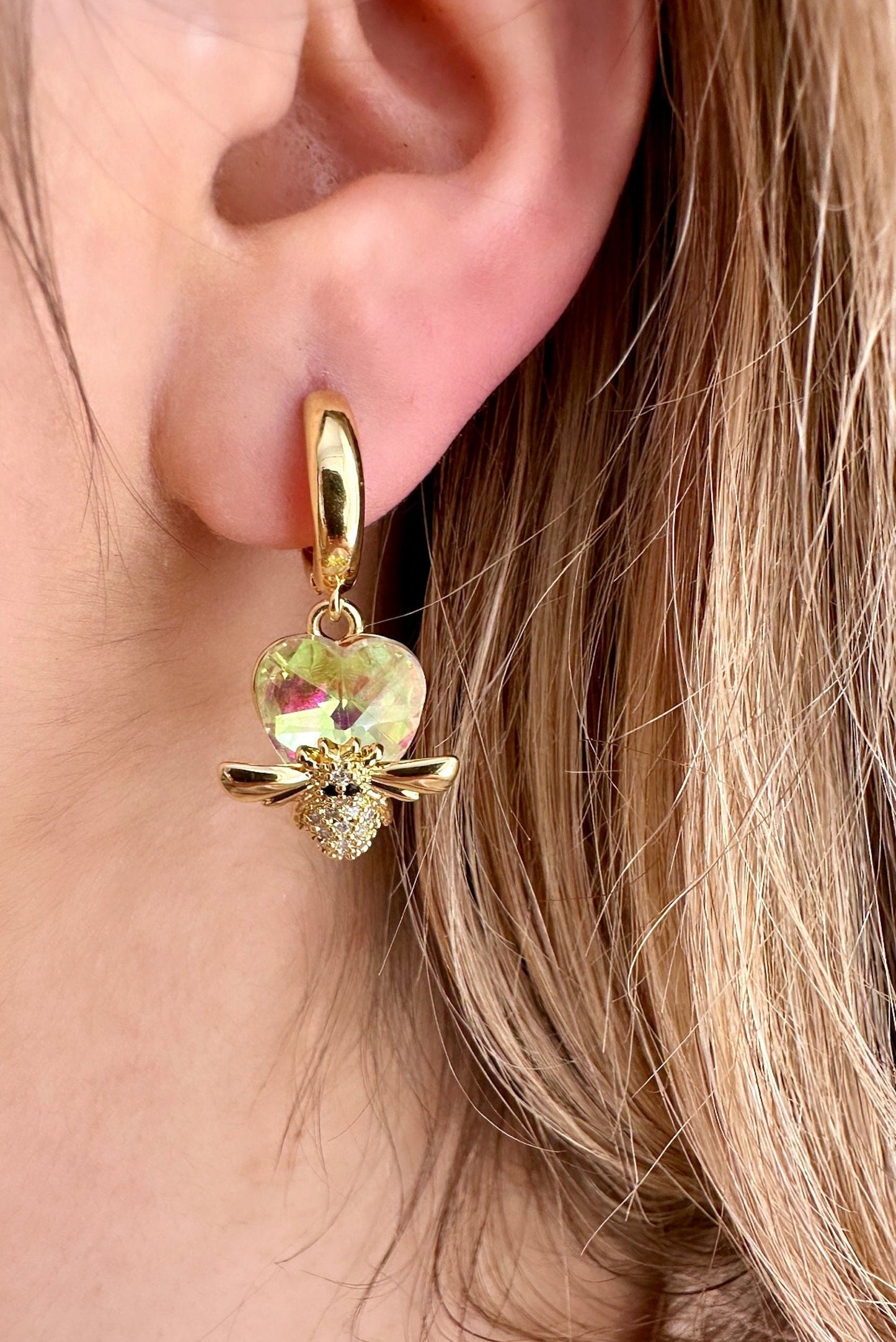 Bee Hoop Earrings, Gold Bee Earrings, Gold Plated Huggie Hoops, Bee Gifts, Gold Bee Jewelry, Heart Hoop Earrings, Cz Heart Earrings