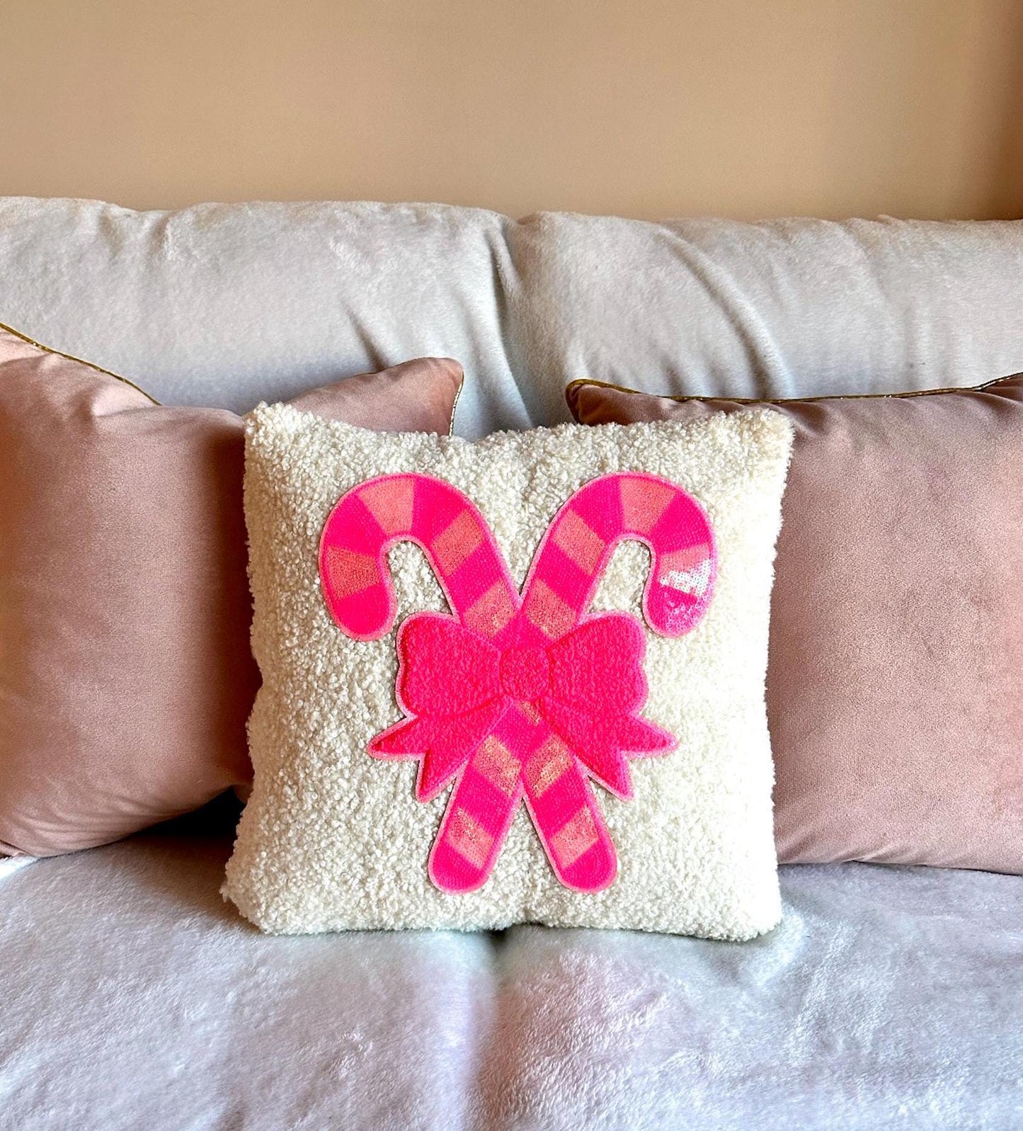 Candy Cane Christmas Pillow, Pink Candy Cane Pillow, White Boucle Pillow, Gold Bow Pillow, Sequin Christmas Pillow Coquette Christmas Pillow