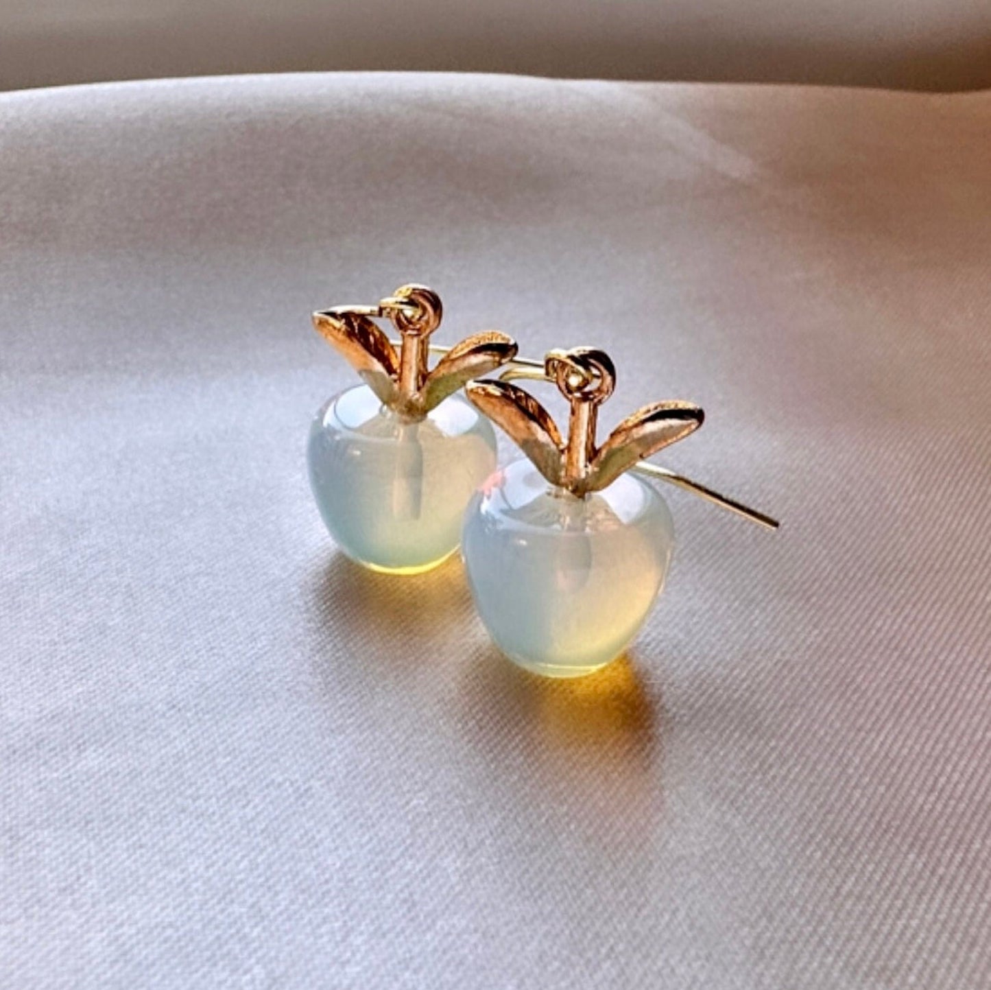 Teacher Earrings, Gold Apple Earrings, Apple Teacher Gift, Apple Jewelry, Moonstone Dangle Earrings, End Of Year Teacher Gift, Fruit Earring