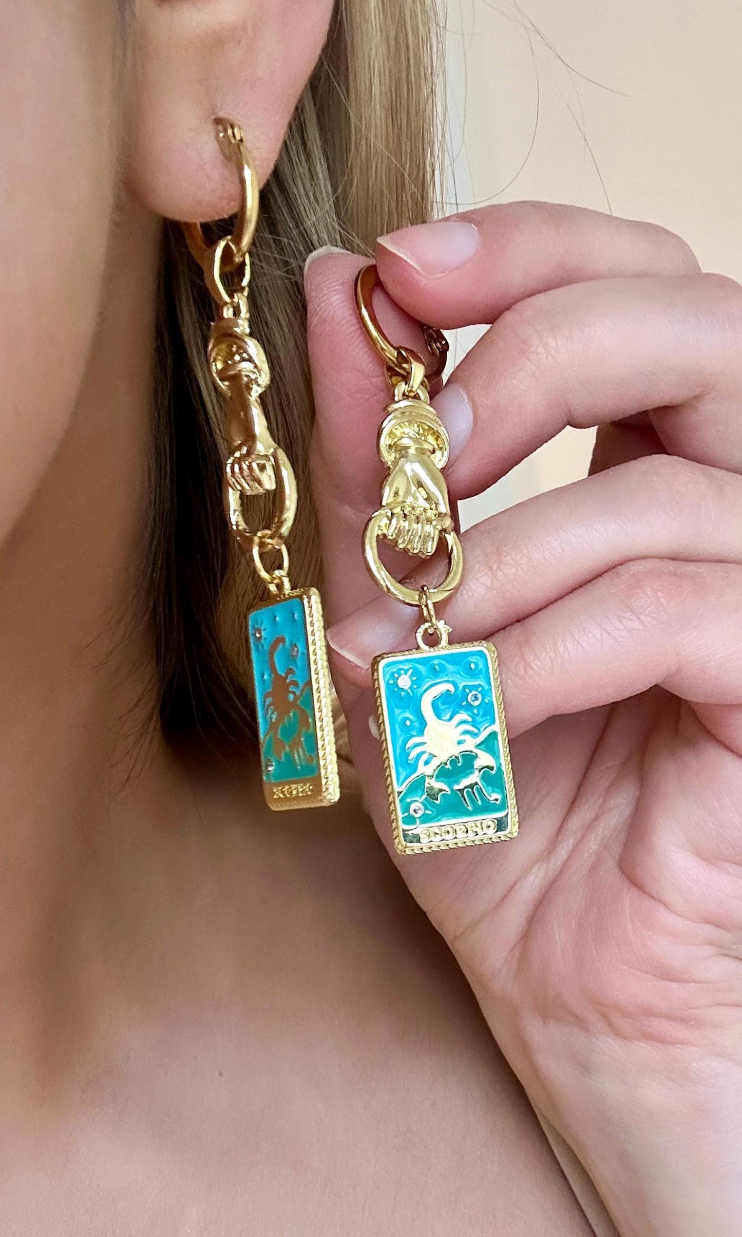 Tarot Card Earrings, Zodiac Sign Earrings, Scorpio Earrings, Gold Hand Earrings, Tarot Earrings Dangle, Scorpio Gifts Astrology Sign Jewelry