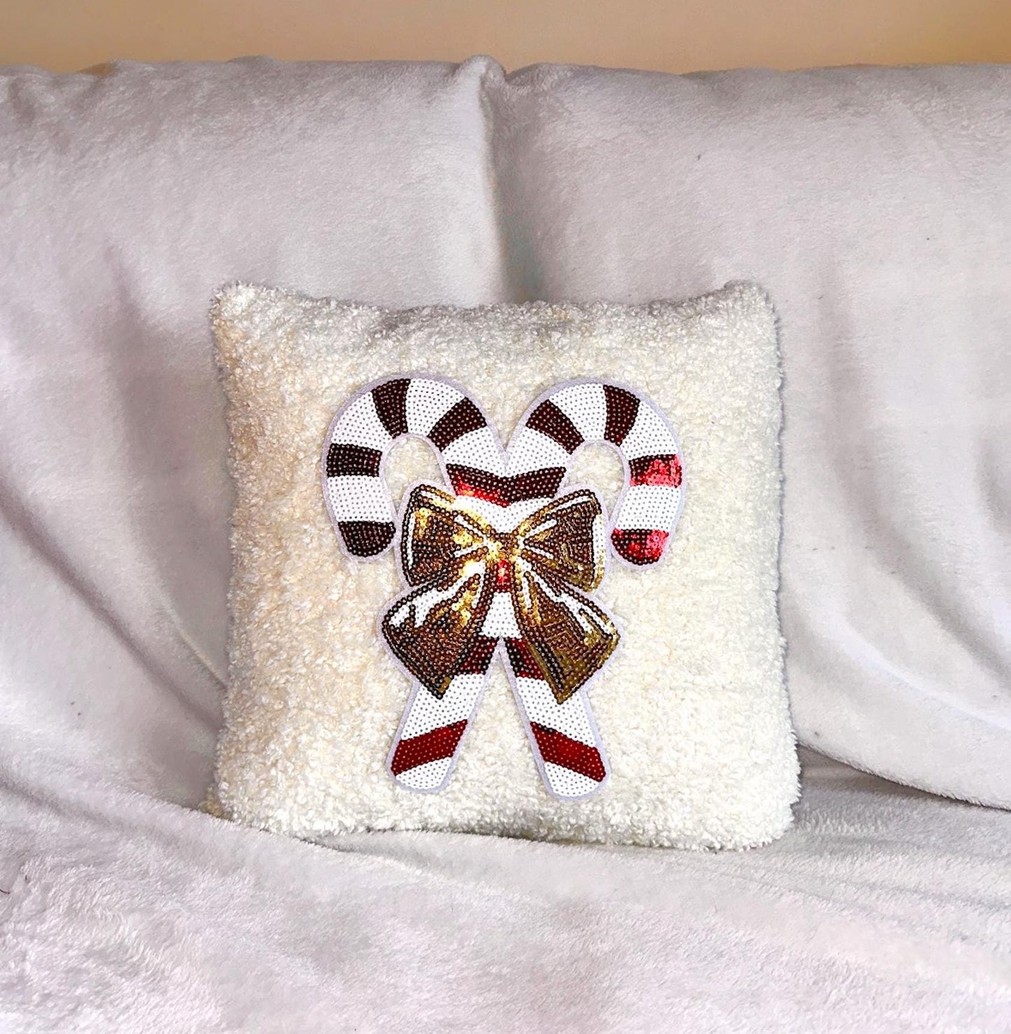 Candy Cane Christmas Pillow, White Boucle Pillow, Gold Bow Pillow, Sequin Christmas Pillow, Coquette Christmas Pillow, Cozy Decor Home