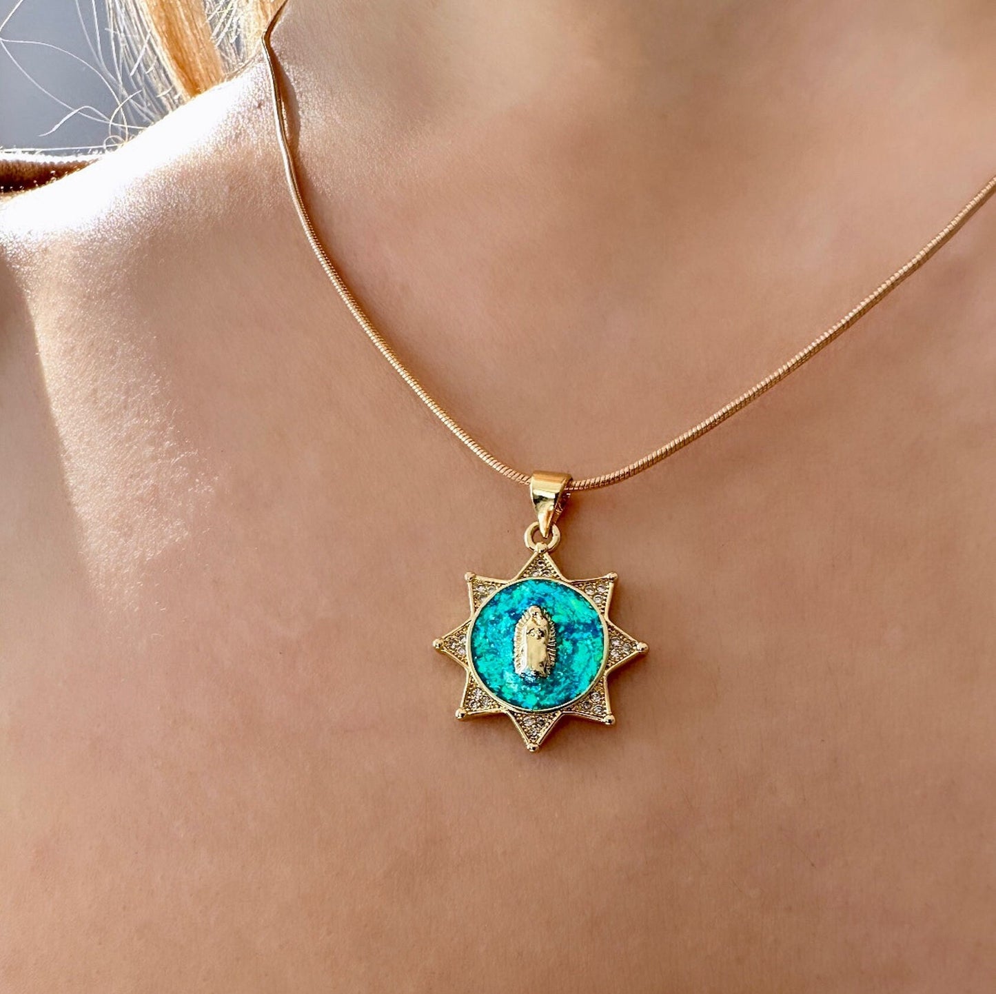 Opal Virgin Mary Pendant, Our Lady Of Guadalupe Pendant Necklace, Virgin Mary Pendant Blue, Gold Virgin Mary Pendant, Virgin Mary Stars