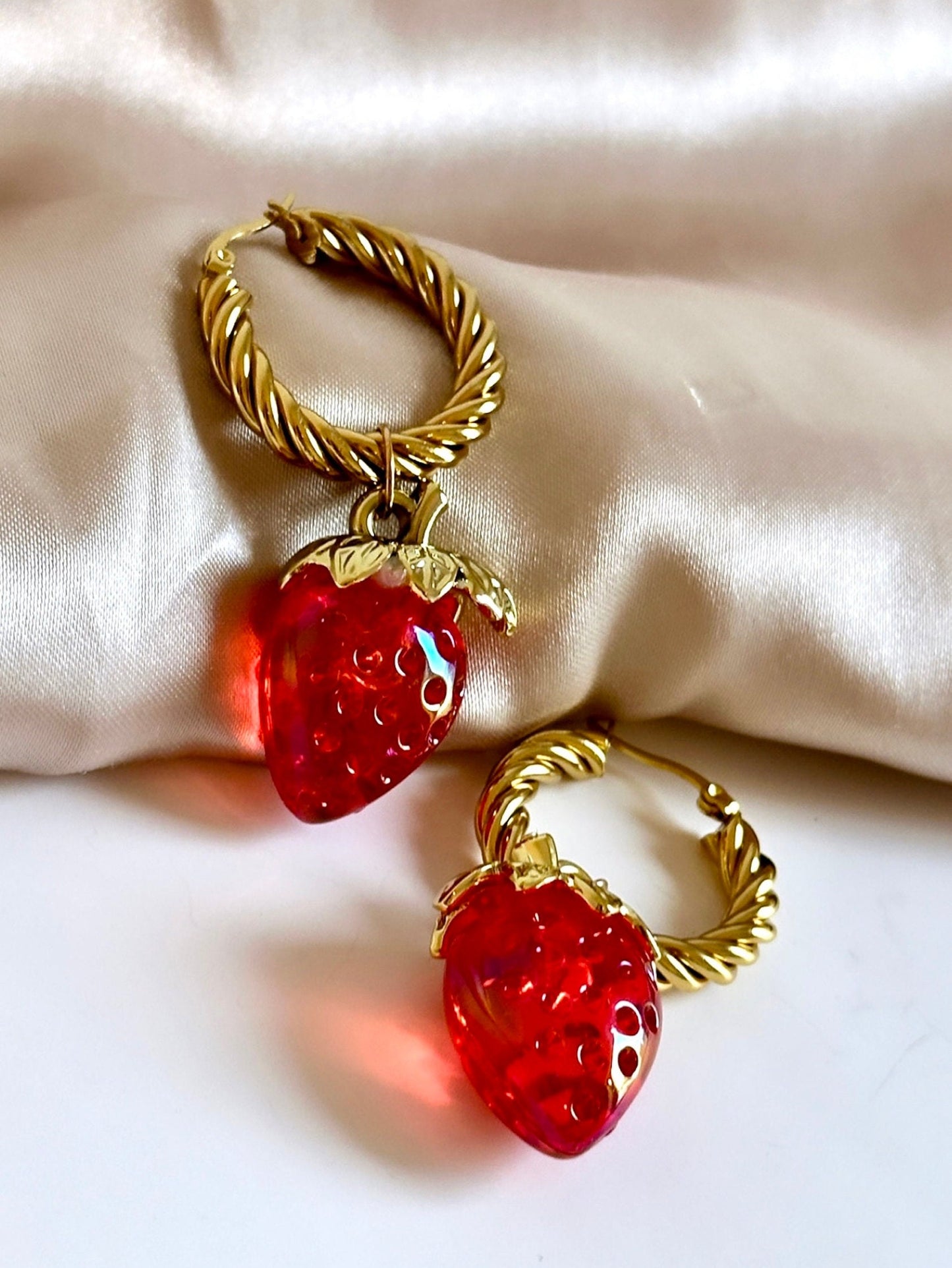 Strawberry Hoops, Gold Twist Hoop Earrings Tarnish Free, Red Strawberry Earrings, 2 in 1 Earrings That Convert, Strawberry Dangle Earrings