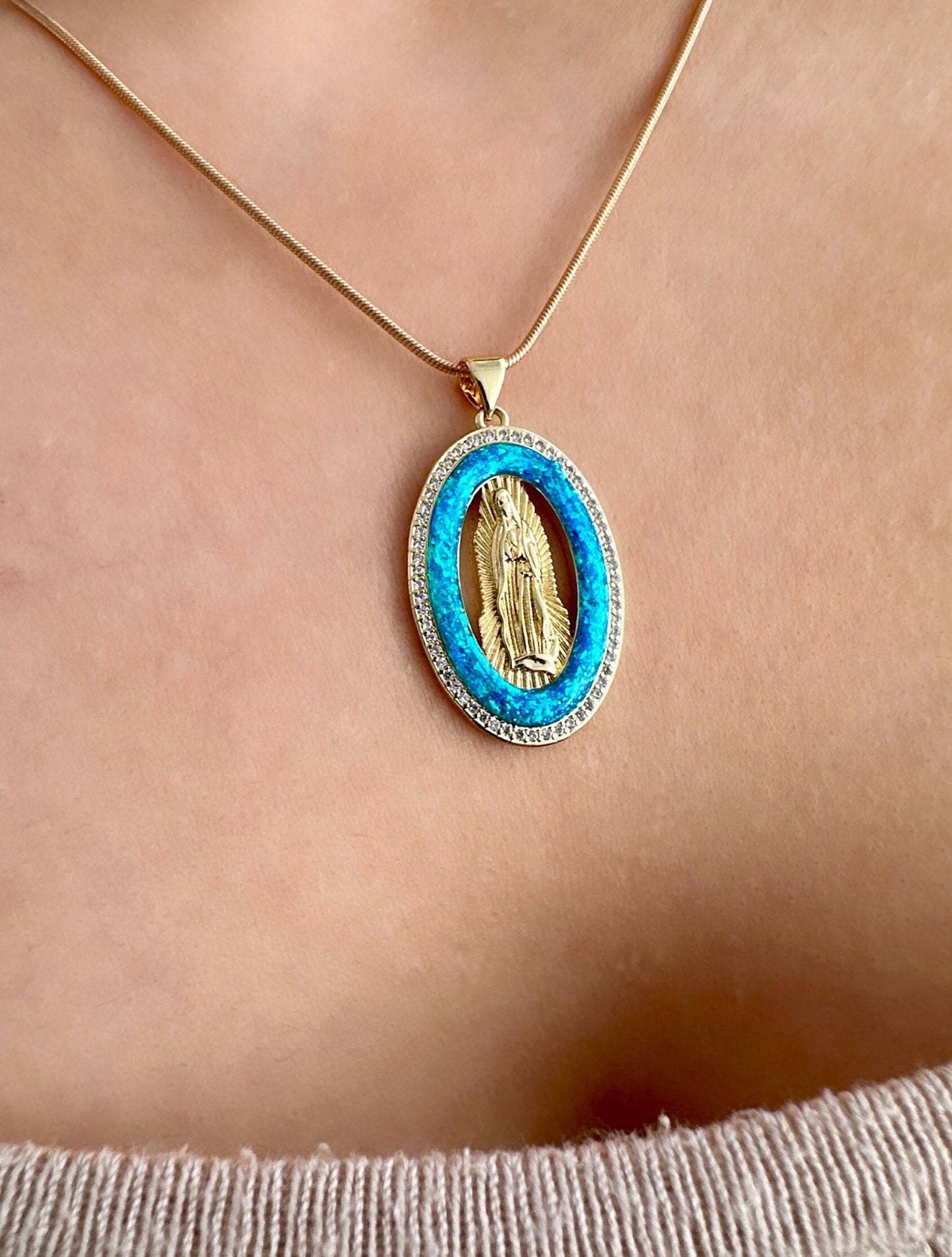Gold Virgin Mary Necklace, Opal Pendant Gold, Gold Filled Medallion Necklace, Opal Pendant Necklace, 18K Gold Filled Necklace, Easter Gift