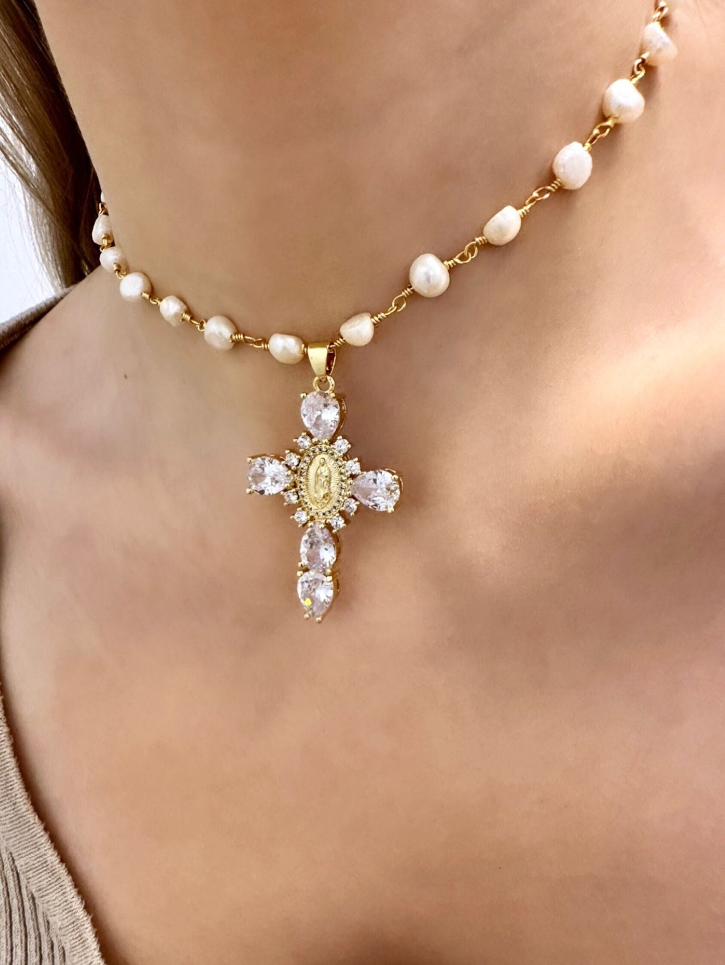 Freshwater Pearl Cross Necklace - Statement Cross Pearl Necklace - Pearl Bead Cross Necklace, Gold Filled CZ Cross Pendant, CZ Cross Pendant