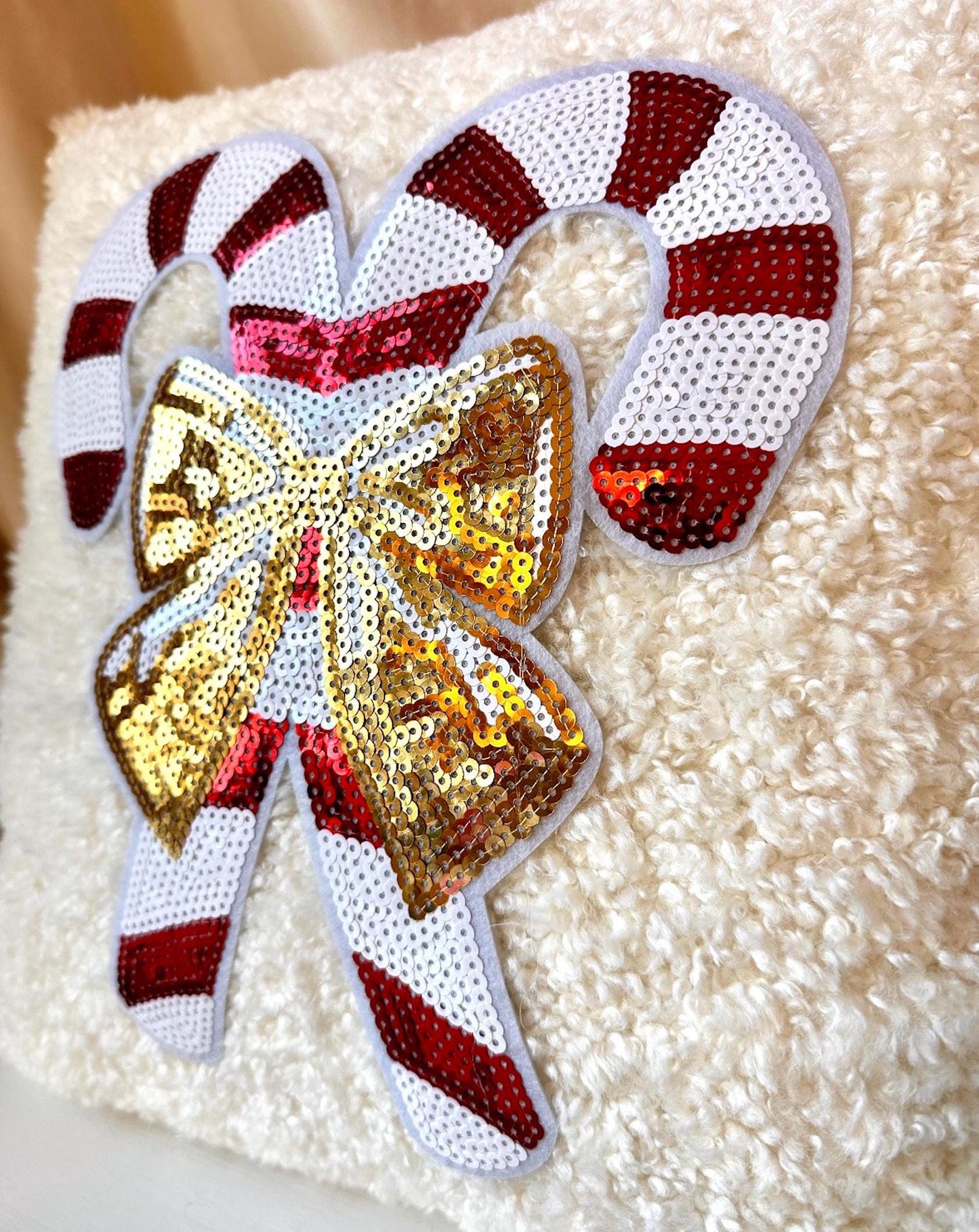 Candy Cane Christmas Pillow, White Boucle Pillow, Gold Bow Pillow, Sequin Christmas Pillow, Coquette Christmas Pillow, Cozy Decor Home