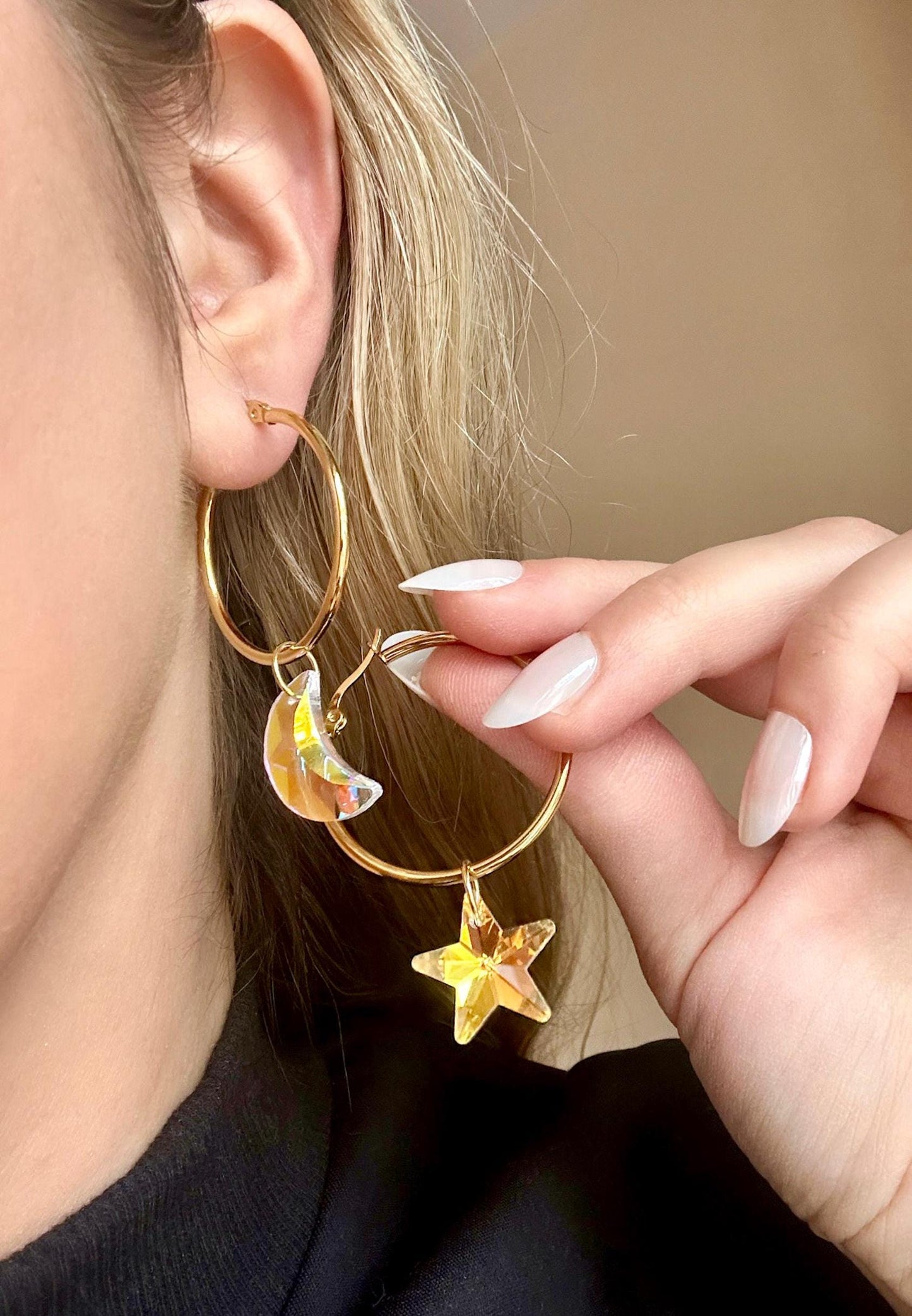 Star And Moon Hoop Earrings, Gold Celestial Earrings, Aurora Borealis Earrings, Asymmetrical Earrings, Gold Hoops, Crystal Star Earrings