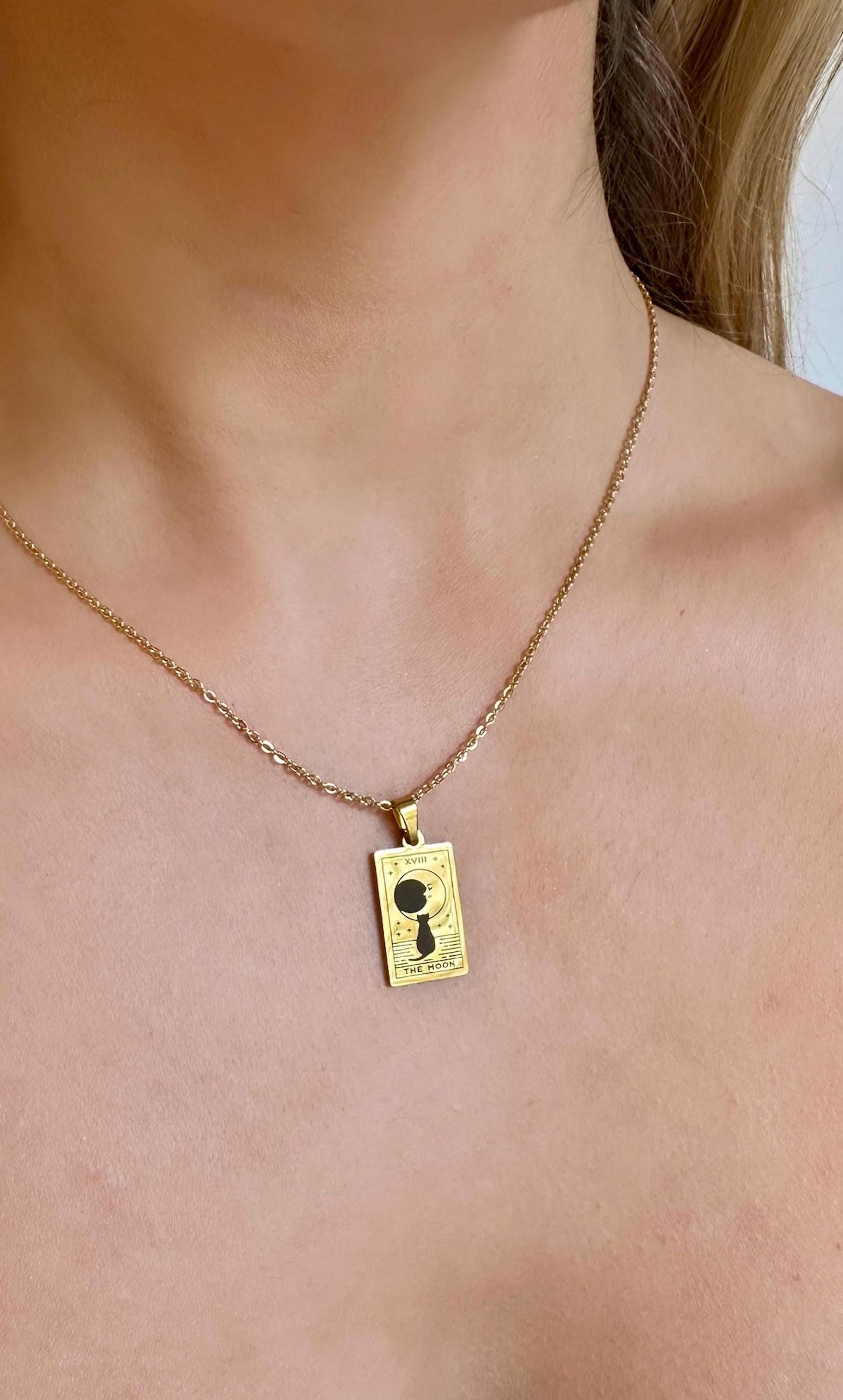 Cat Moon Necklace, Cat Tarot Necklace, The Moon Tarot Necklace, Gold Cat Necklace, Stainless Steel Tarot Card Pendant, Celestial Pendant