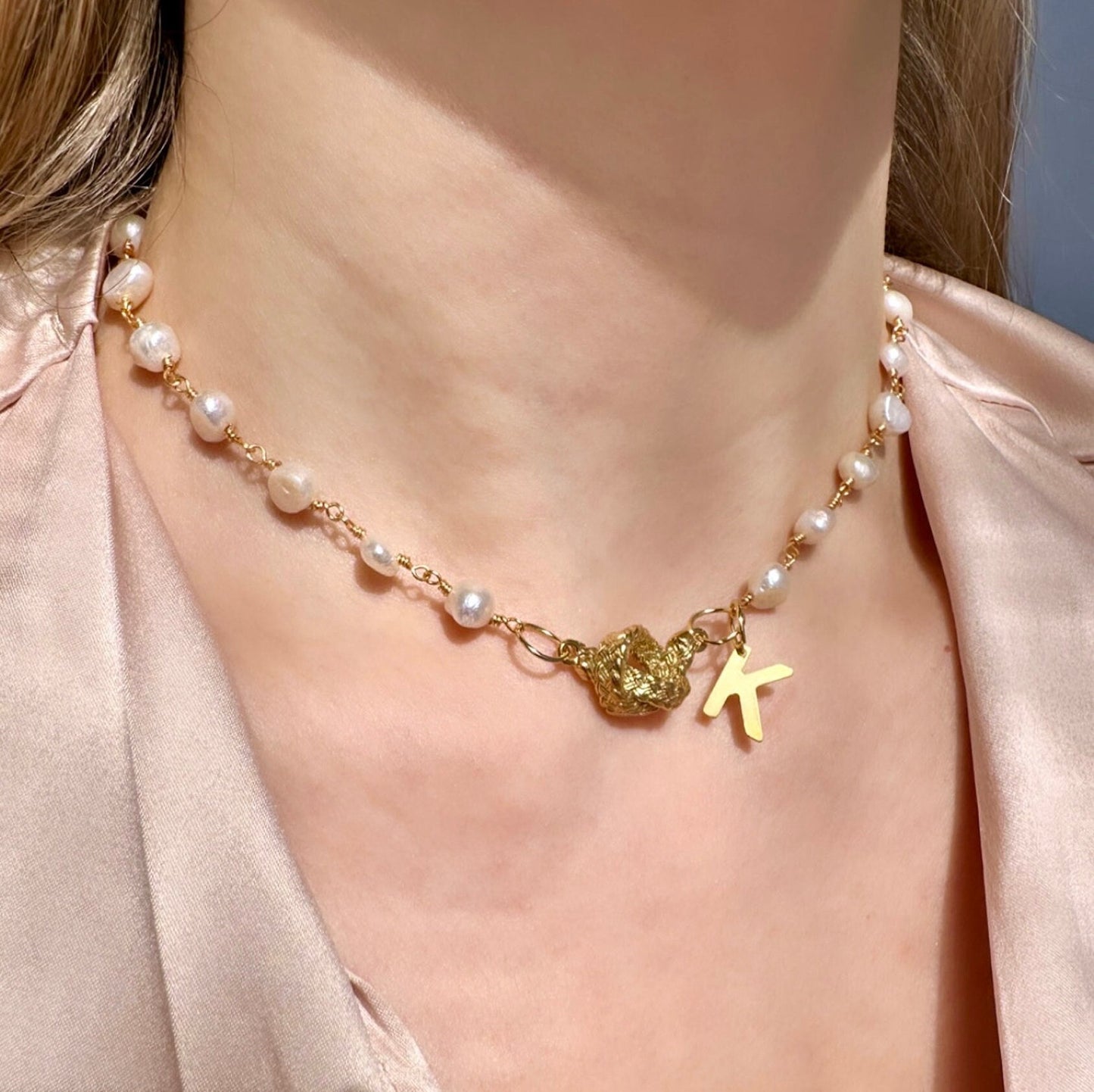 Tie The Knot Necklace, Love Knot Necklace Gold Dainty, Wedding Pearl Necklace Personalized, Pearl Knot Necklace Simple Gold Initial Necklace