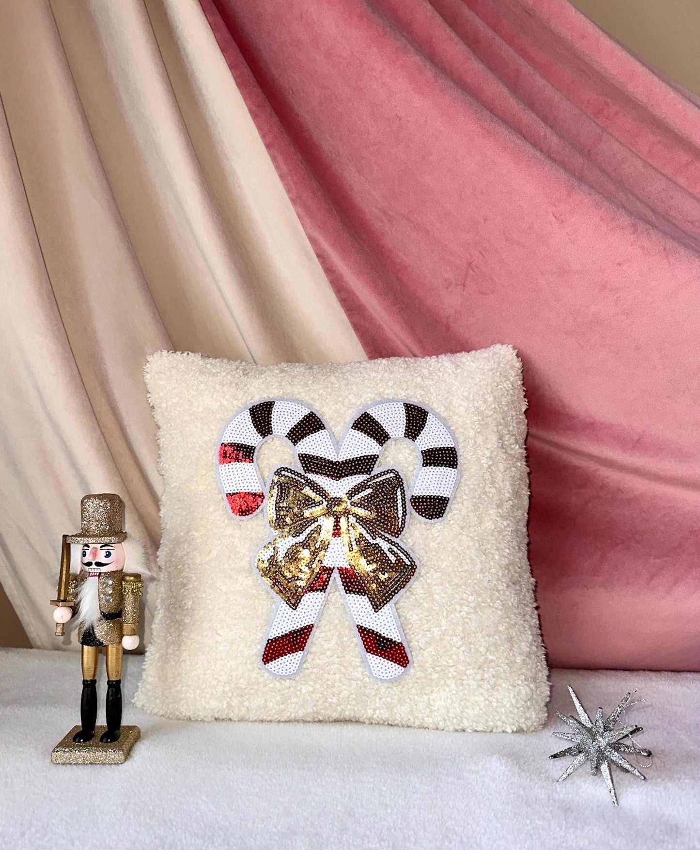 Candy Cane Christmas Pillow, White Boucle Pillow, Gold Bow Pillow, Sequin Christmas Pillow, Coquette Christmas Pillow, Cozy Decor Home