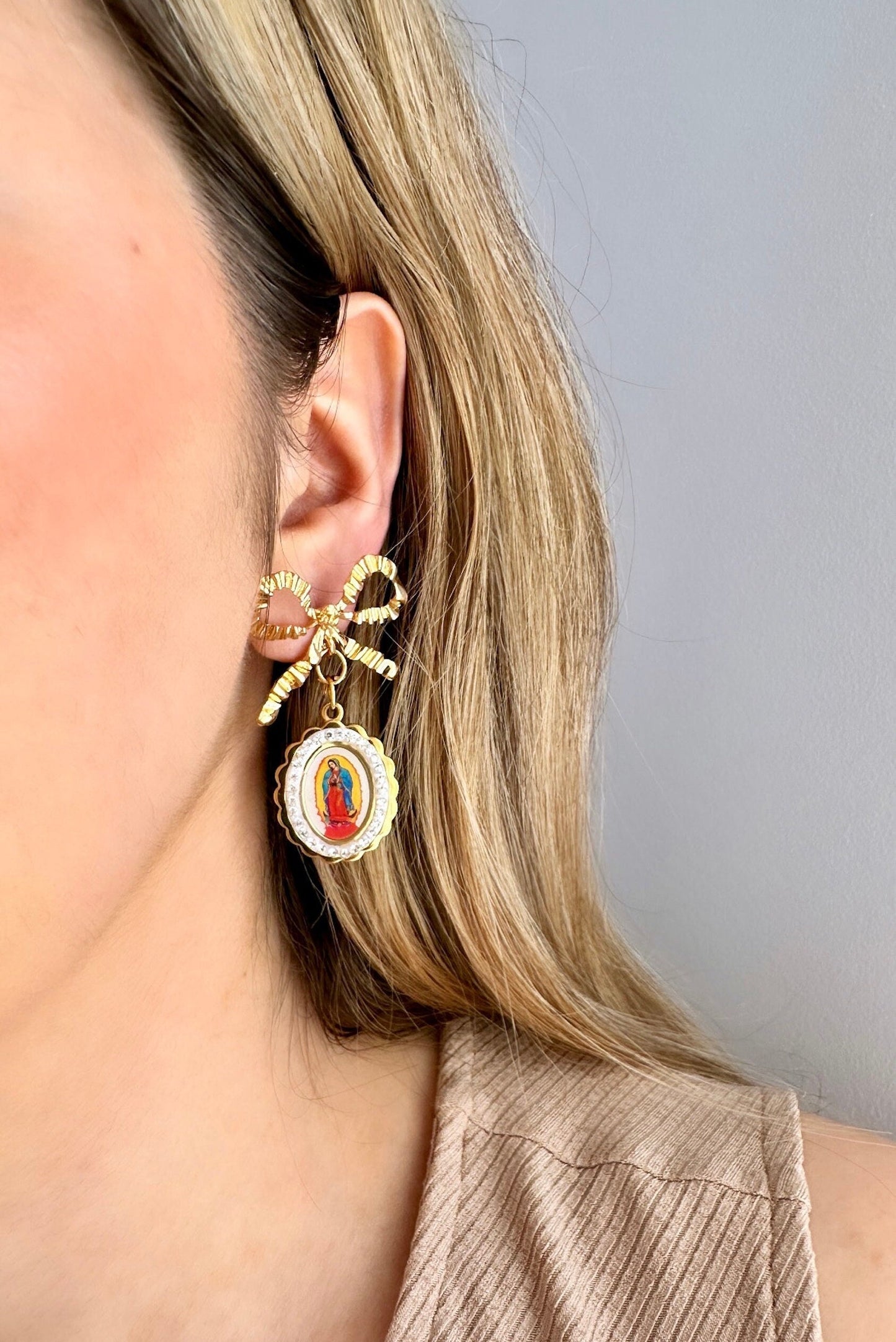 Virgin Mary Dangle Earrings, Our Lady Of Guadalupe Earrings, Statement Bow Earrings, Catholic Drop Earrings, Church Earrings, Baptism Gift