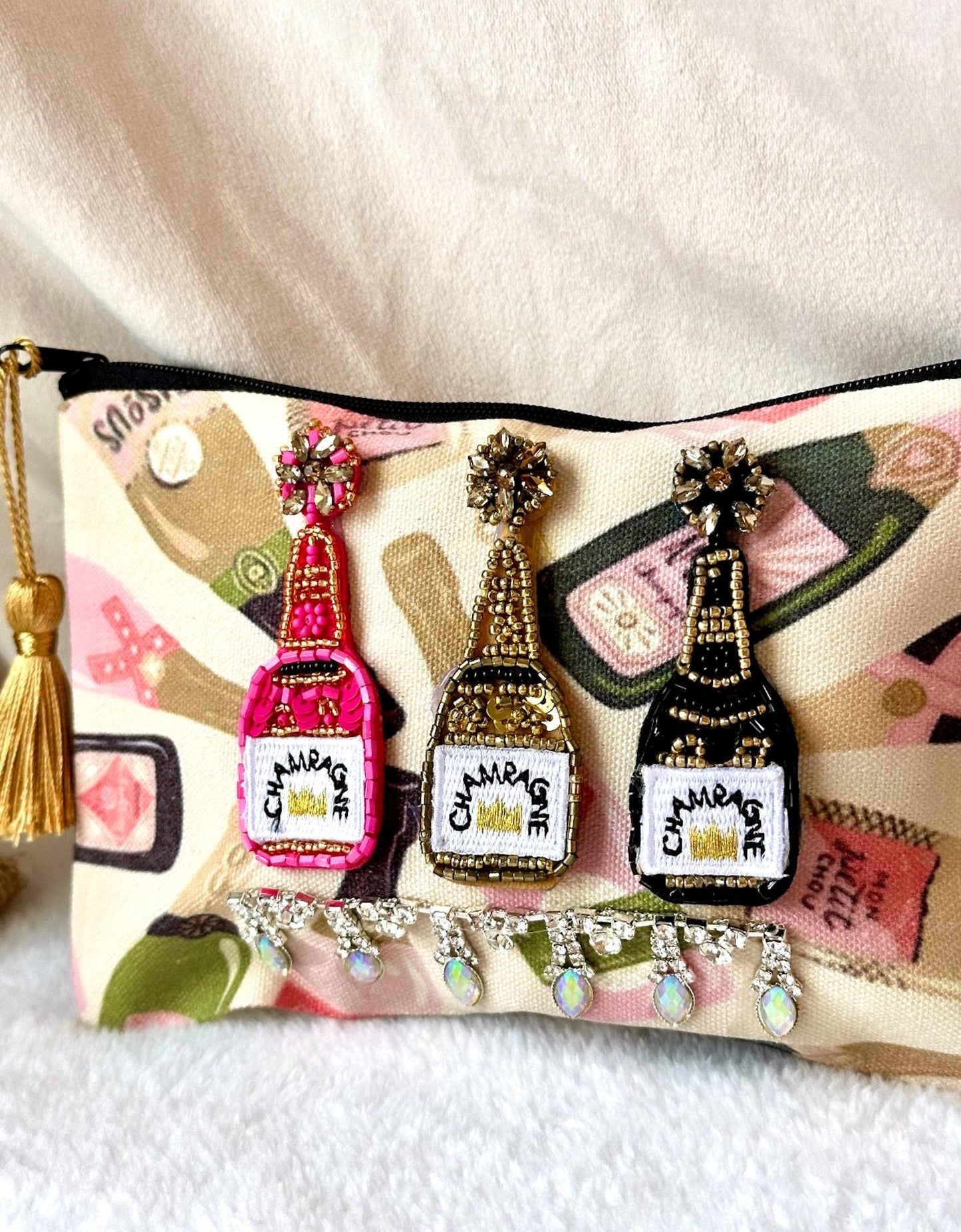 Champagne Purse, Bride Make Up Bag, Champagne Makeup Bag, Canvas Makeup Pouch, New Year's Bag, Hangover Kit Bags, Bachelorette Bags NYE gift