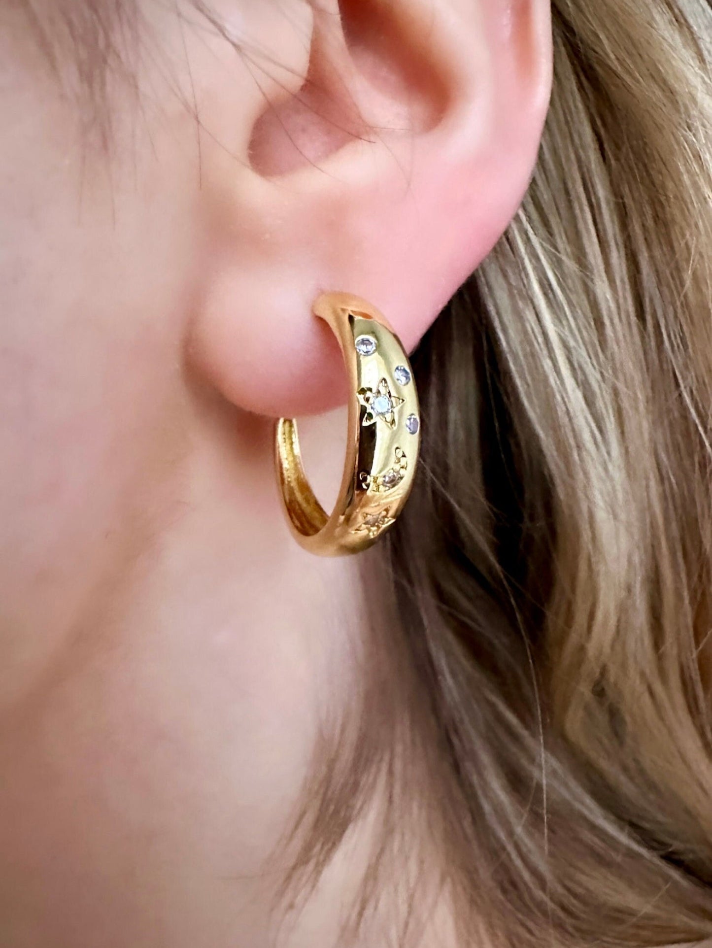 Gold Star Hoop Earrings, Celestial Hoop Earrings, 14K Gold Hoop Earrings, Moon Crescent Earring, Star And Moon Hoop Earrings Cz Gold Earring