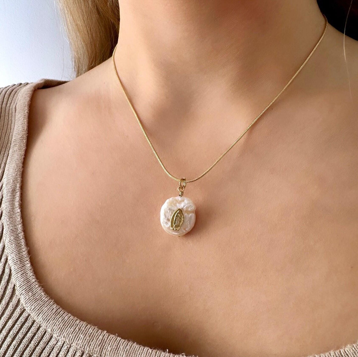 Virgin Mary Pendant, Pearl Religious Necklace, Pearl Mother's Day Necklace, Our Lady Of Guadalupe Pendant Necklace, Pearl Virgin Guadalupe