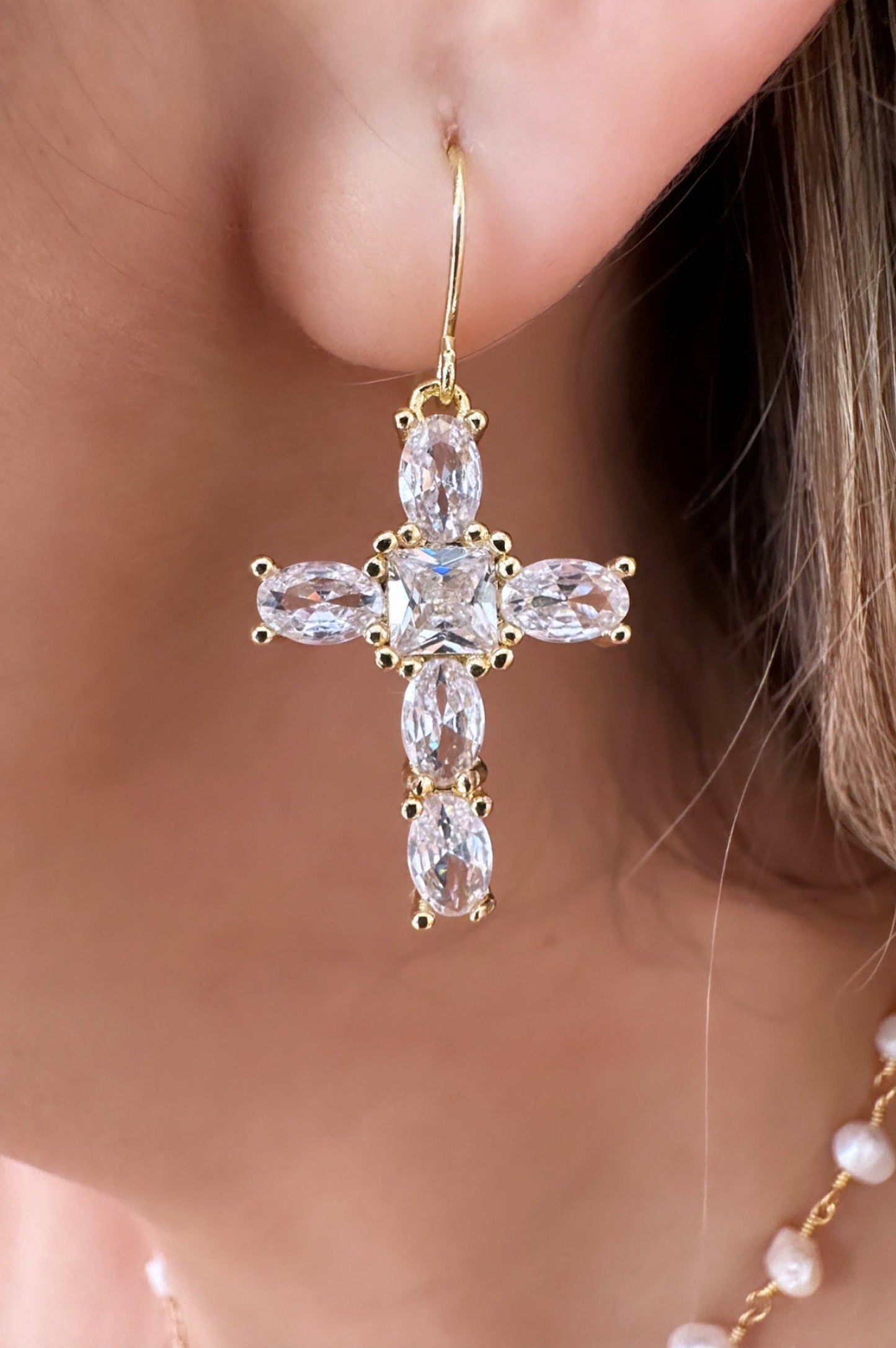 14K Gold Cross Earrings, Crystal Cross Earrings, Cz Cross Earring, Dangle Cross Earrings, Religious Earring Goddaughter Gifts From Godmother