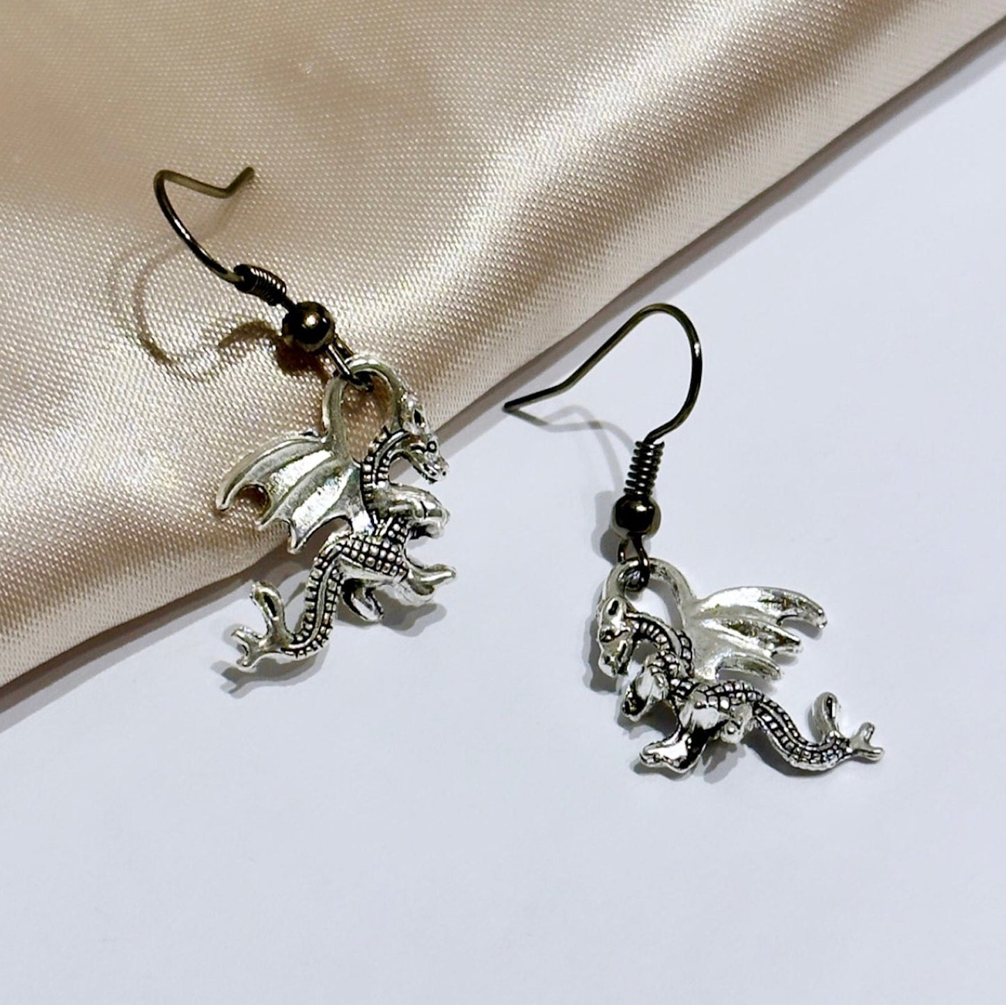 Silver Dragon Earrings, Tiny Dragon Earring, Dragon Dangle Earrings, Renaissance Earrings Halloween Earrings Fantasy Earrings Dragon Jewelry