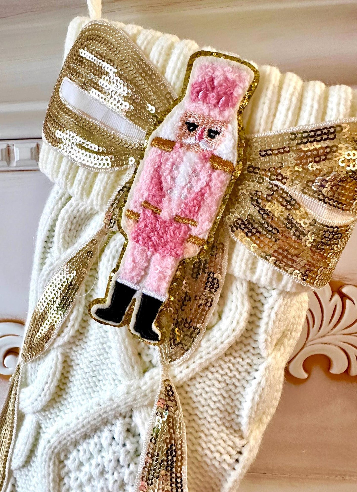 Pink Nutcracker Stocking, Nutcracker Christmas Stocking, Bow Christmas Stocking, White Knit Christmas Stocking, Coquette Christmas Stocking