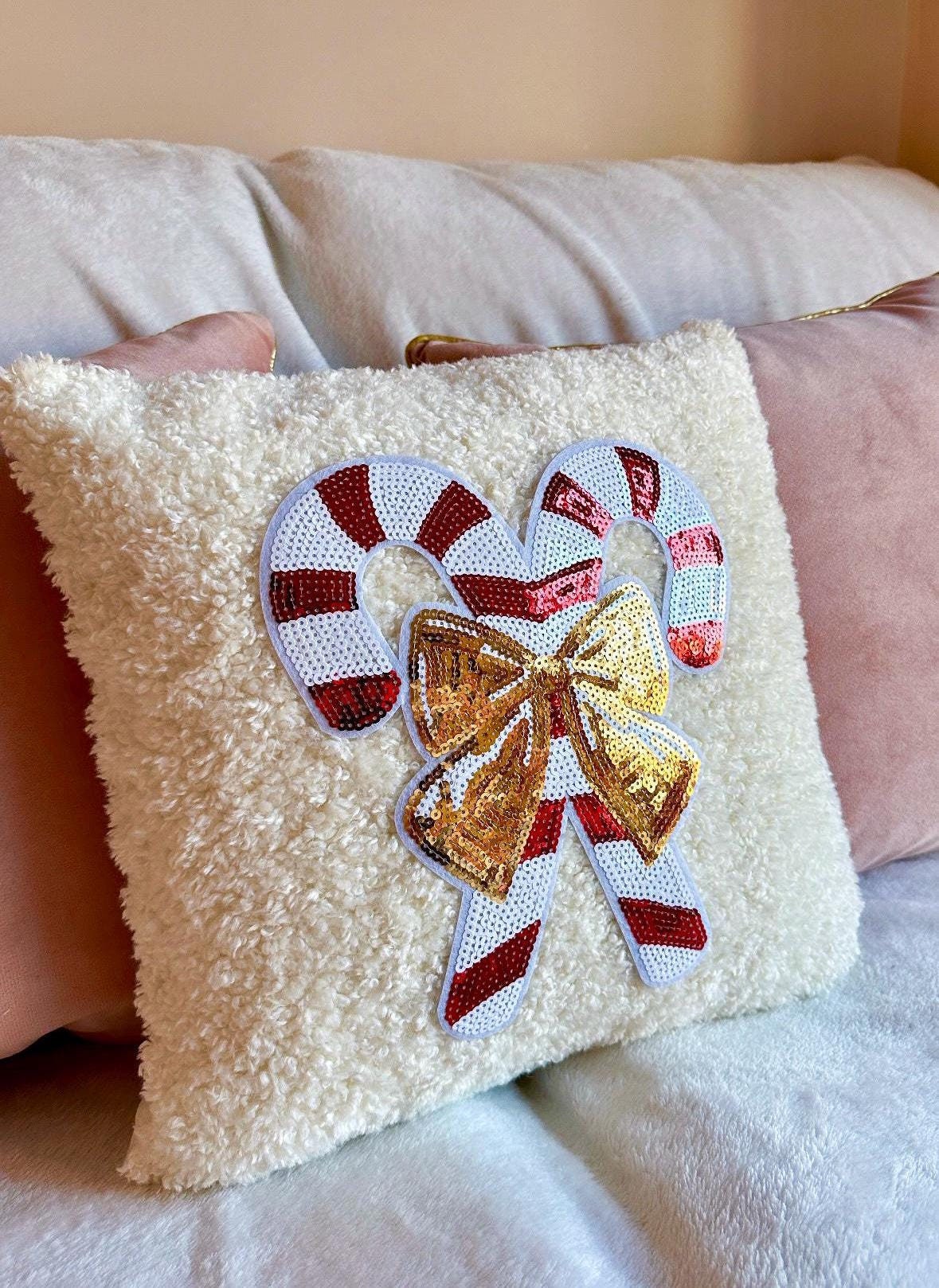 Candy Cane Christmas Pillow, White Boucle Pillow, Gold Bow Pillow, Sequin Christmas Pillow, Coquette Christmas Pillow, Cozy Decor Home