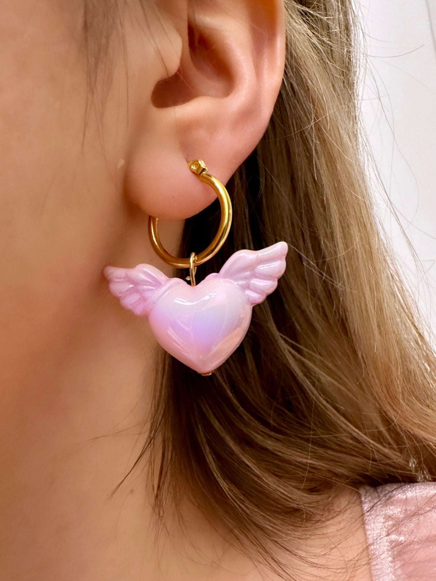 Pink Heart Hoop Earrings, Valentine's Day Hoop Earrings, Puffy Heart Earrings, Pink Heart Earrings Dangle, Angel Heart With Wings, Vday Gift