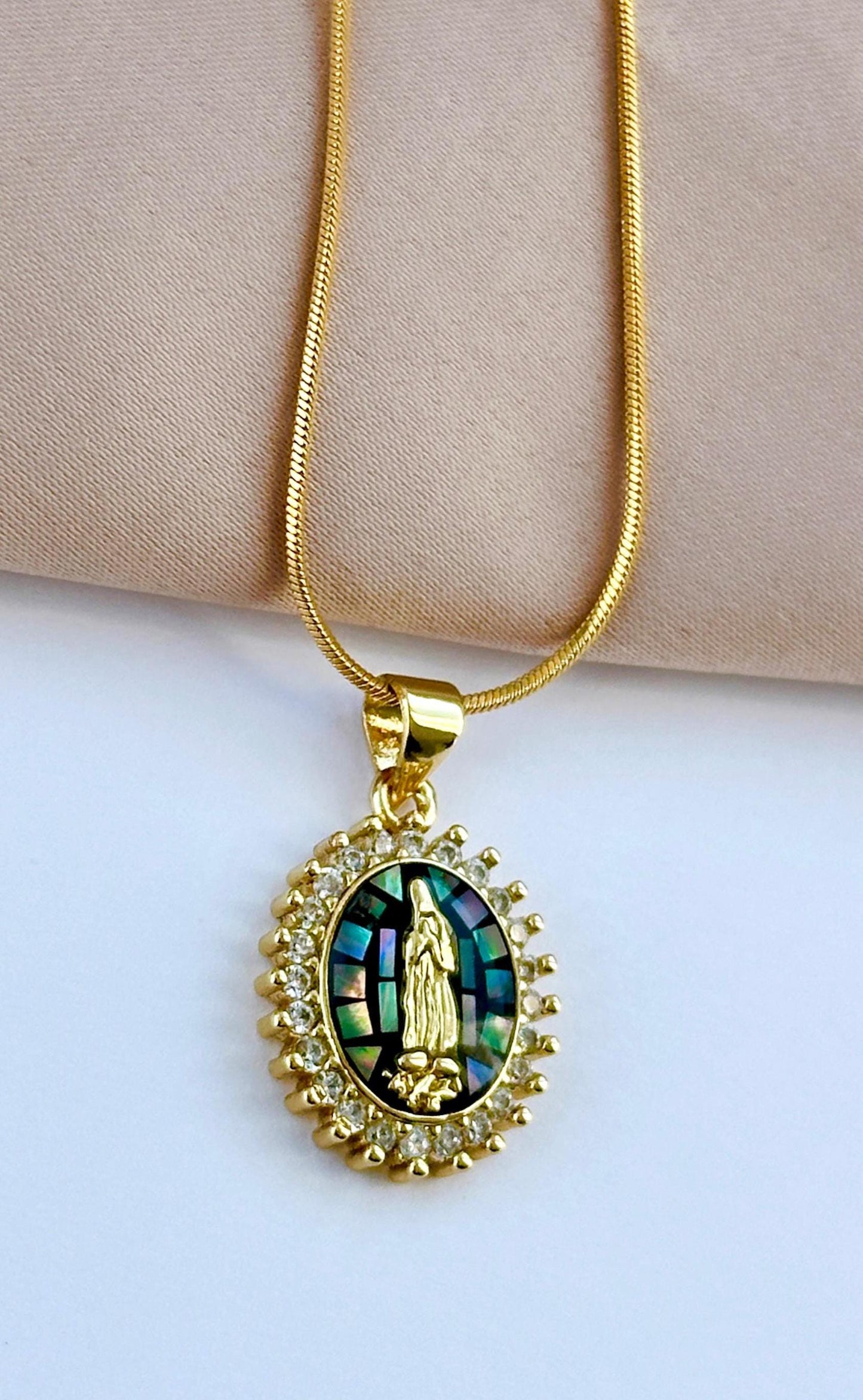 Tiny Virgin Mary Necklace, Small Virgin Mary Pendant, Mosaic Necklace, Shell Pendant Necklace, Our Lady Of Guadalupe Necklace, Baptism Gift