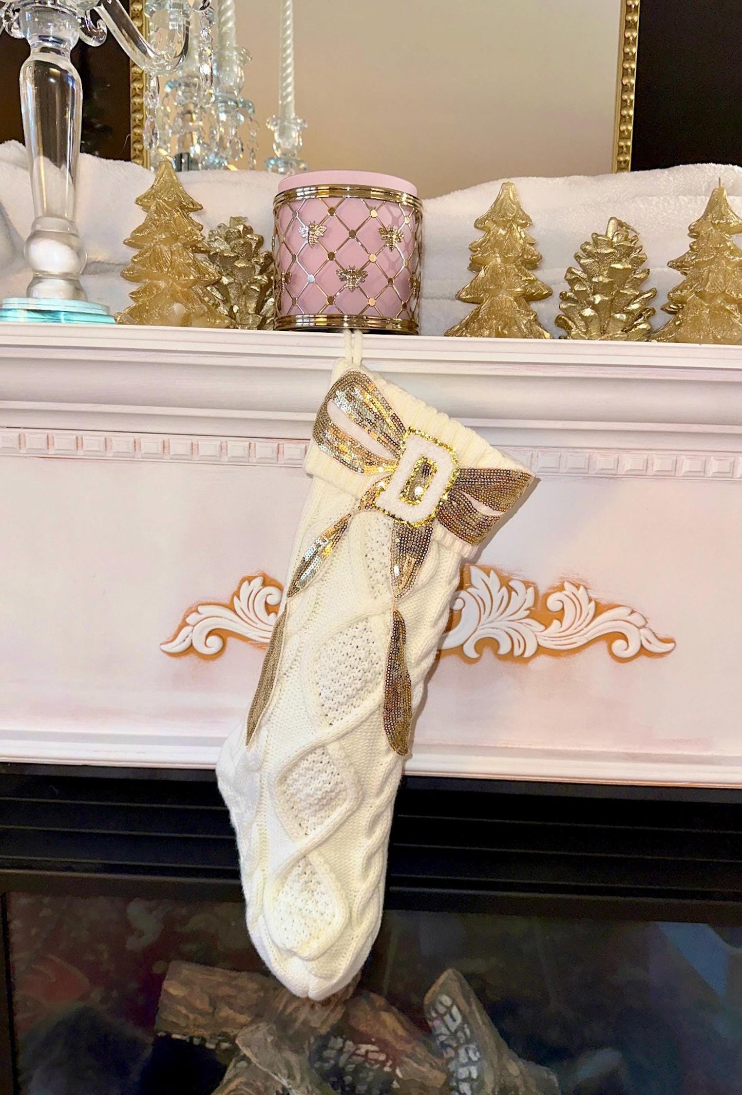 Personalized Letter Stocking, White Knit Christmas Stocking, Initial Stocking Christmas, Bow Christmas Stocking, Custom Christmas Stocking
