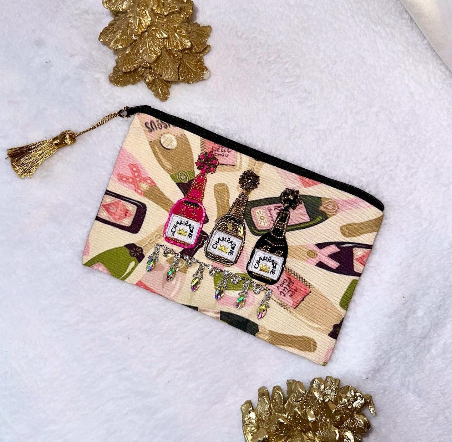 Champagne Purse, Bride Make Up Bag, Champagne Makeup Bag, Canvas Makeup Pouch, New Year's Bag, Hangover Kit Bags, Bachelorette Bags NYE gift