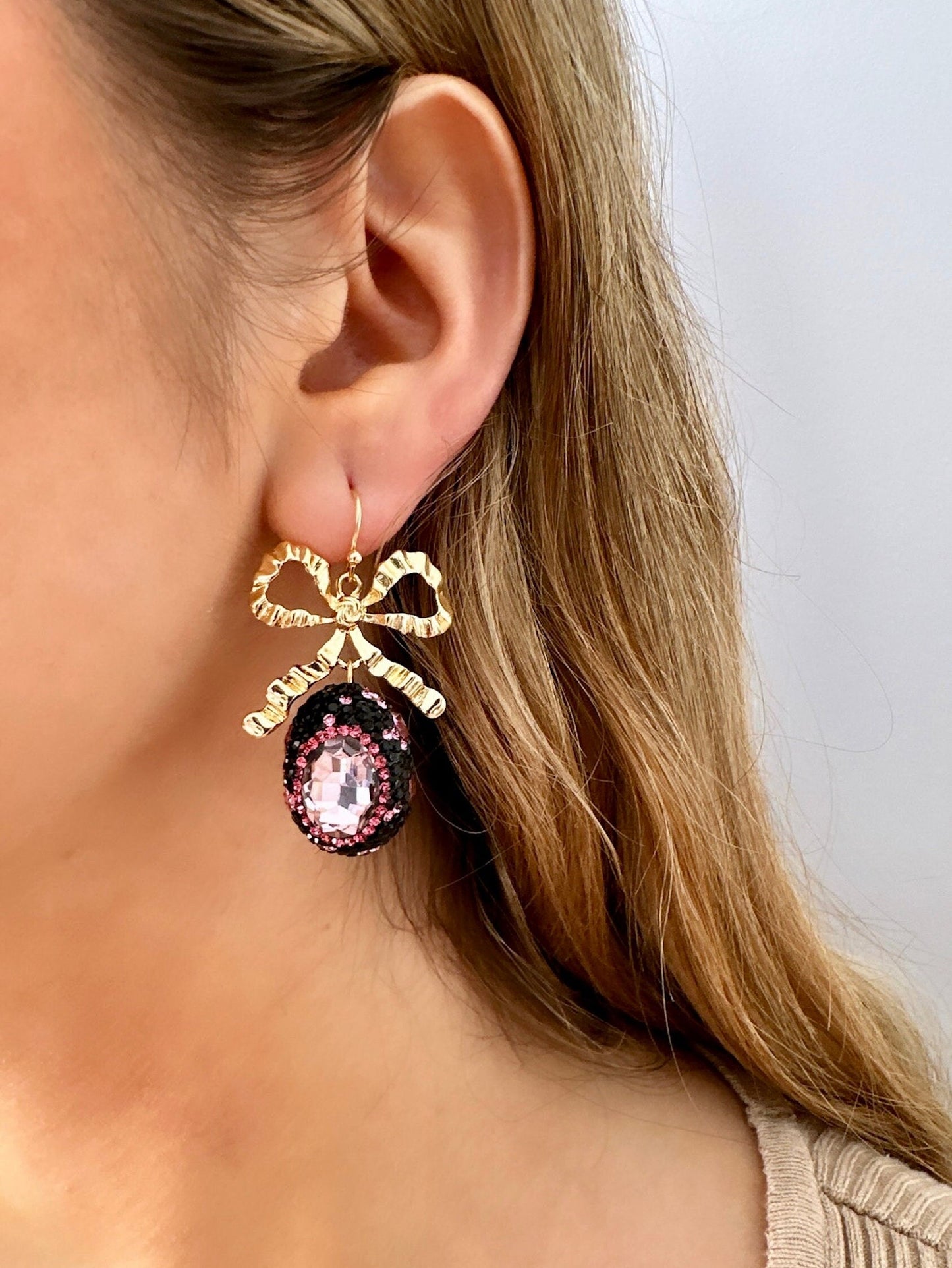 Statement Bow Earrings, Polymer Clay Easter Earrings, Easter Egg Earrings, Gold Bow Earrings, Gold Bowknot Earrings, Vintage Easter Earrings