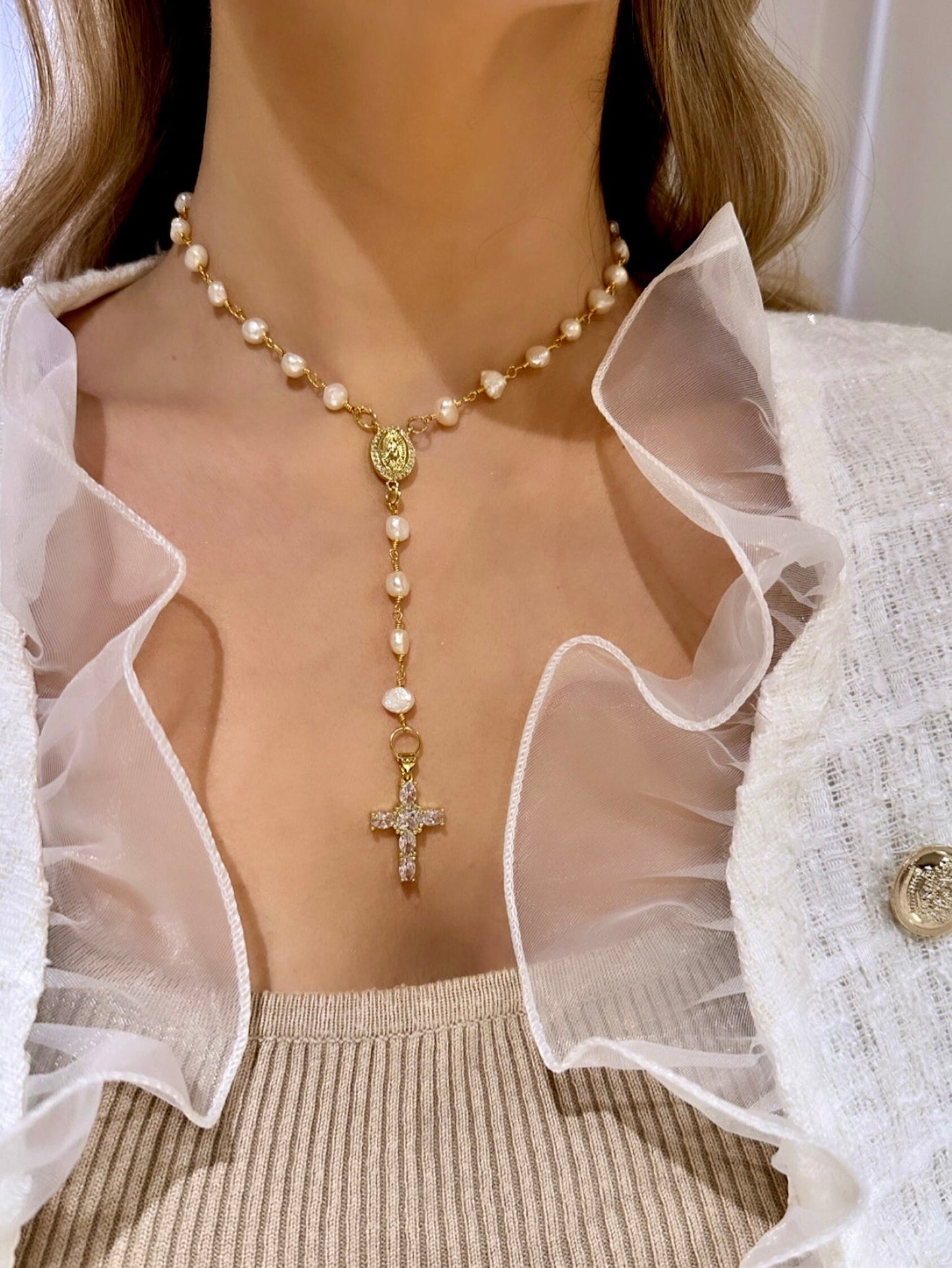 Freshwater Pearl Cross Necklace - Statement Cross Pearl Necklace - Pearl Bead Cross Necklace, Gold Filled CZ Cross Pendant, CZ Cross Pendant
