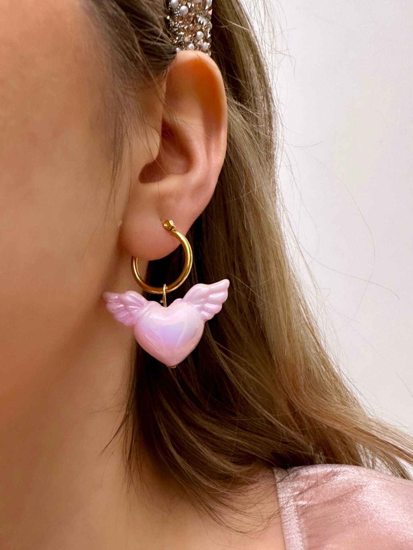 Pink Heart Hoop Earrings, Valentine's Day Hoop Earrings, Puffy Heart Earrings, Pink Heart Earrings Dangle, Angel Heart With Wings, Vday Gift