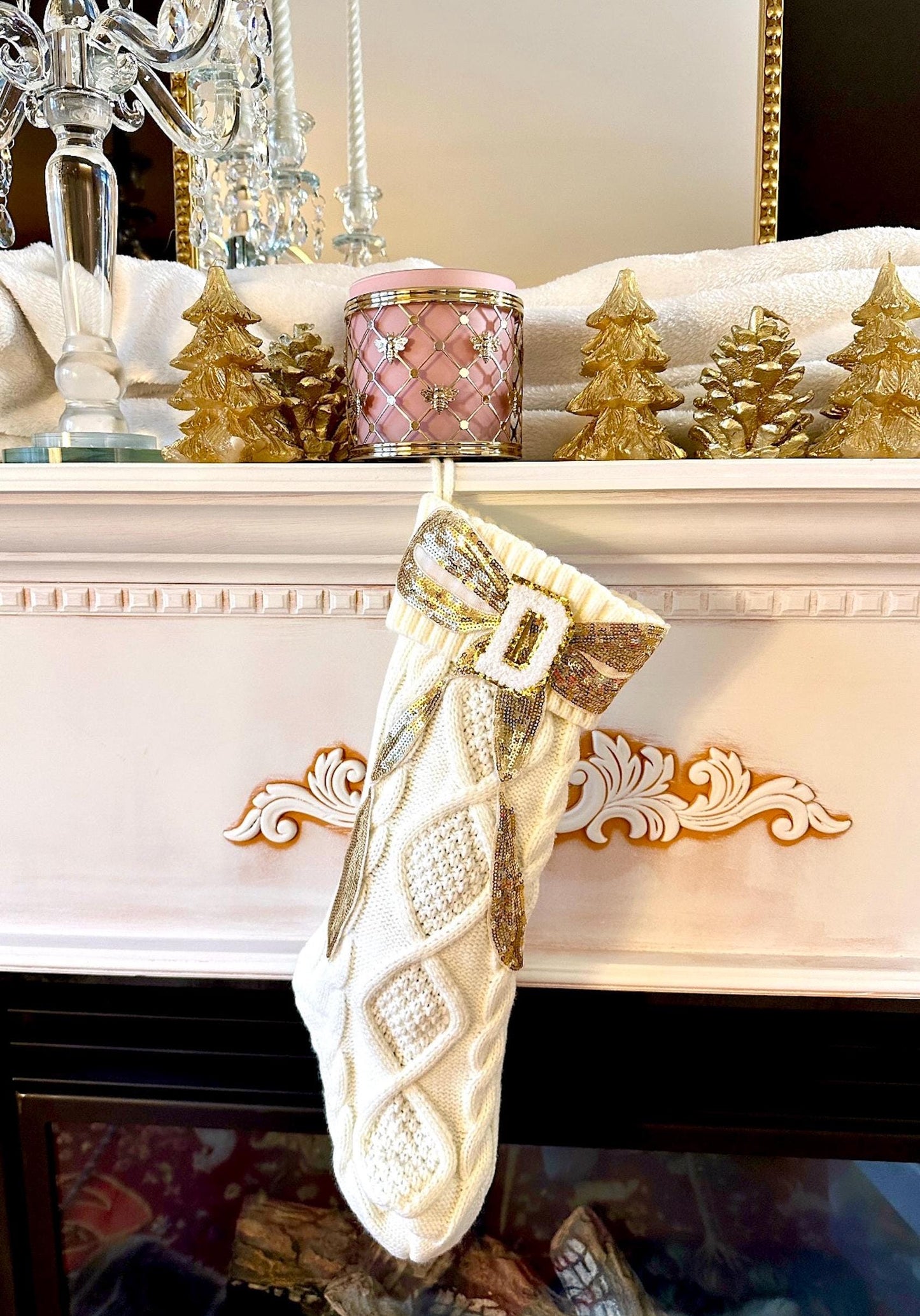 Personalized Letter Stocking, White Knit Christmas Stocking, Initial Stocking Christmas, Bow Christmas Stocking, Custom Christmas Stocking