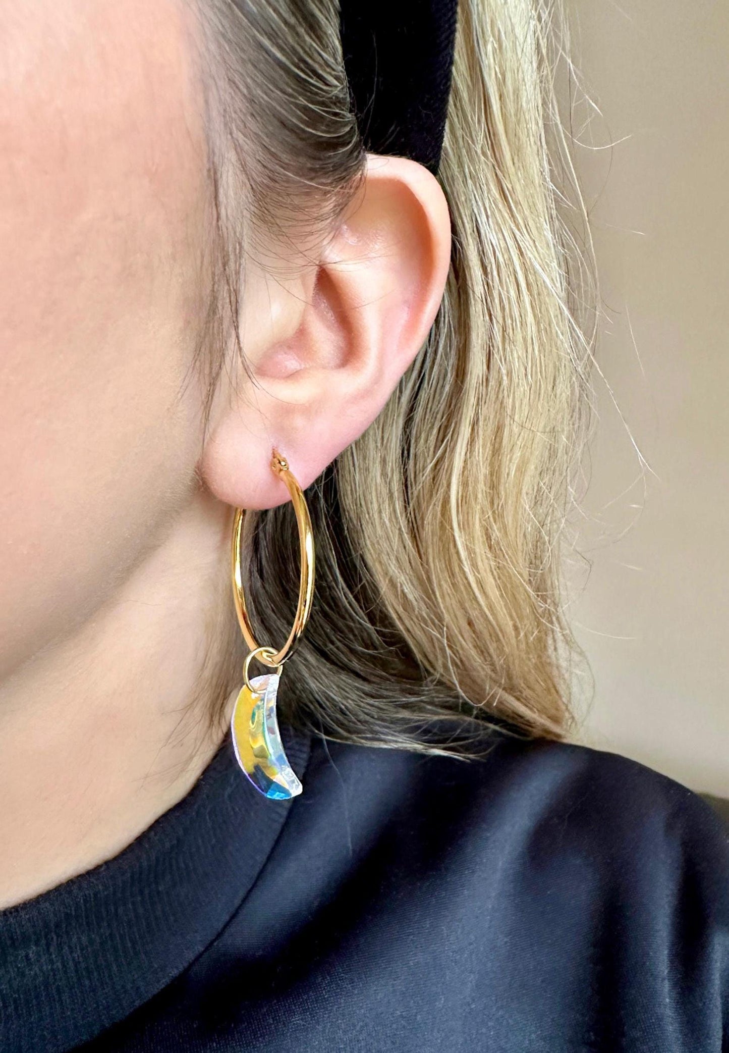Star And Moon Hoop Earrings, Gold Celestial Earrings, Aurora Borealis Earrings, Asymmetrical Earrings, Gold Hoops, Crystal Star Earrings