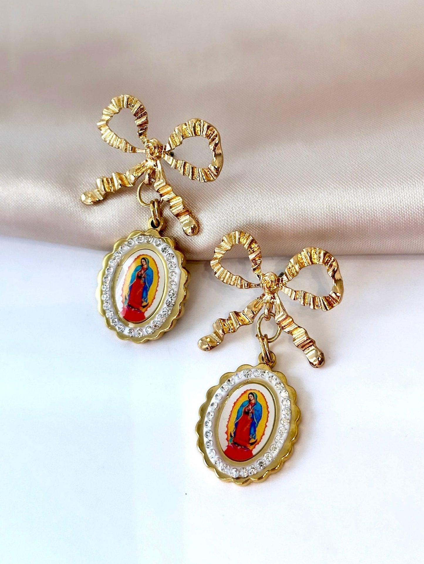 Virgin Mary Dangle Earrings, Our Lady Of Guadalupe Earrings, Statement Bow Earrings, Catholic Drop Earrings, Church Earrings, Baptism Gift