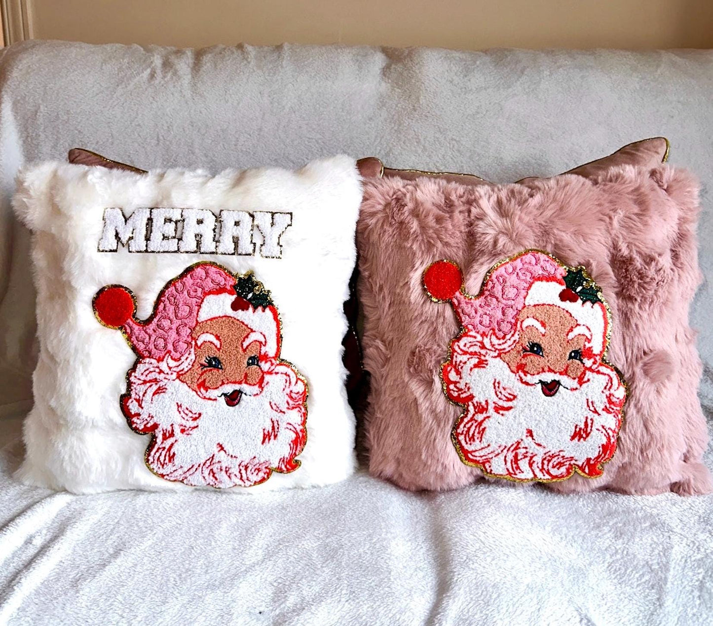Retro Santa Pillow, Pink Santa Pillow, Faux Fur Christmas Pillow, Merry Pillow, Coquette Christmas Pillow, Pink Christmas Decor Home Decor