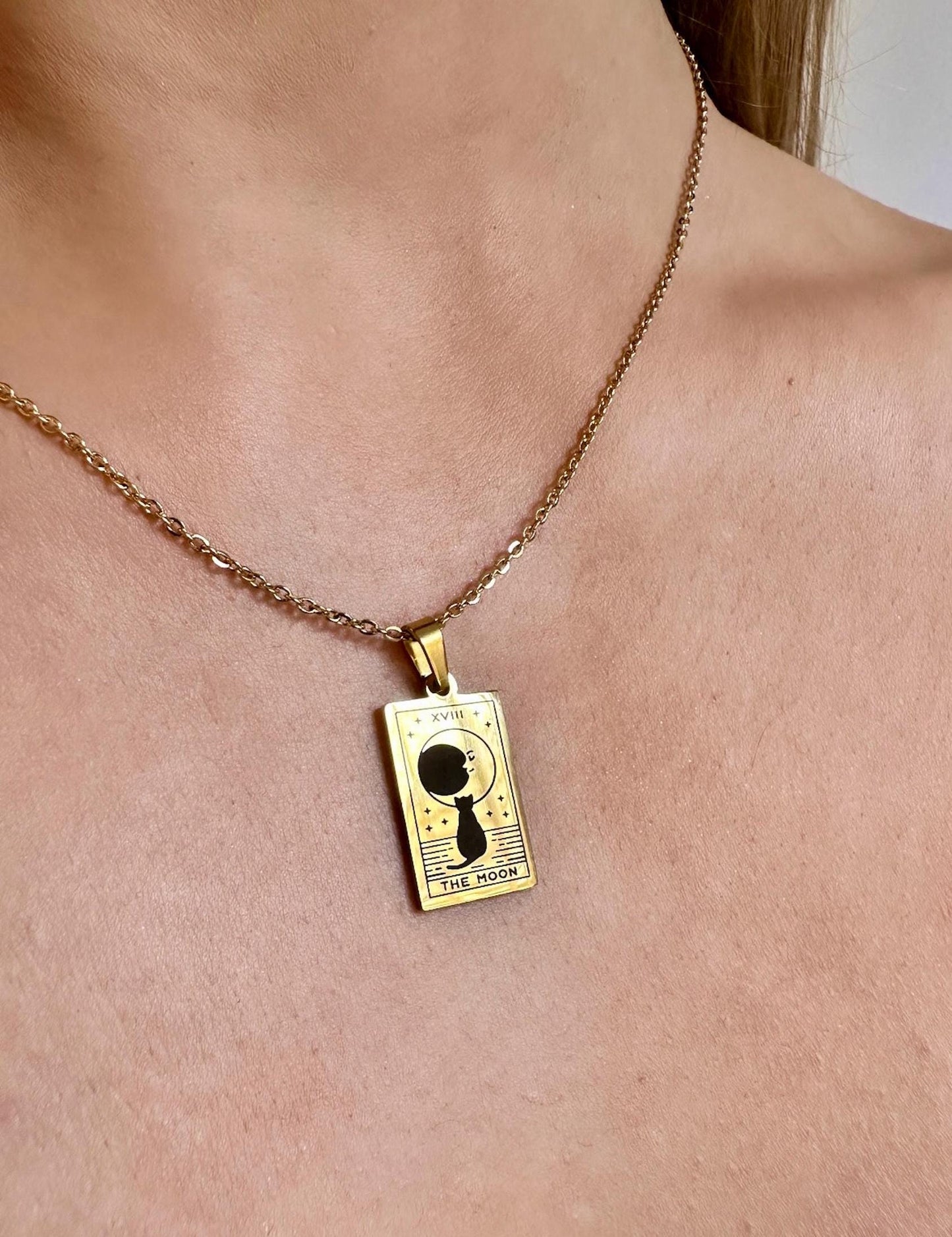 Cat Moon Necklace, Cat Tarot Necklace, The Moon Tarot Necklace, Gold Cat Necklace, Stainless Steel Tarot Card Pendant, Celestial Pendant