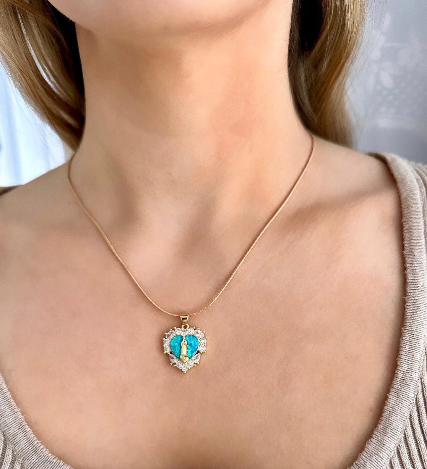 Virgin Mary Gold Heart Pendant, Mother Mary Necklace Gold, Mother's Day Heart Necklace, Catholic Heart Necklace Opal Heart Pendant 18kt Gold