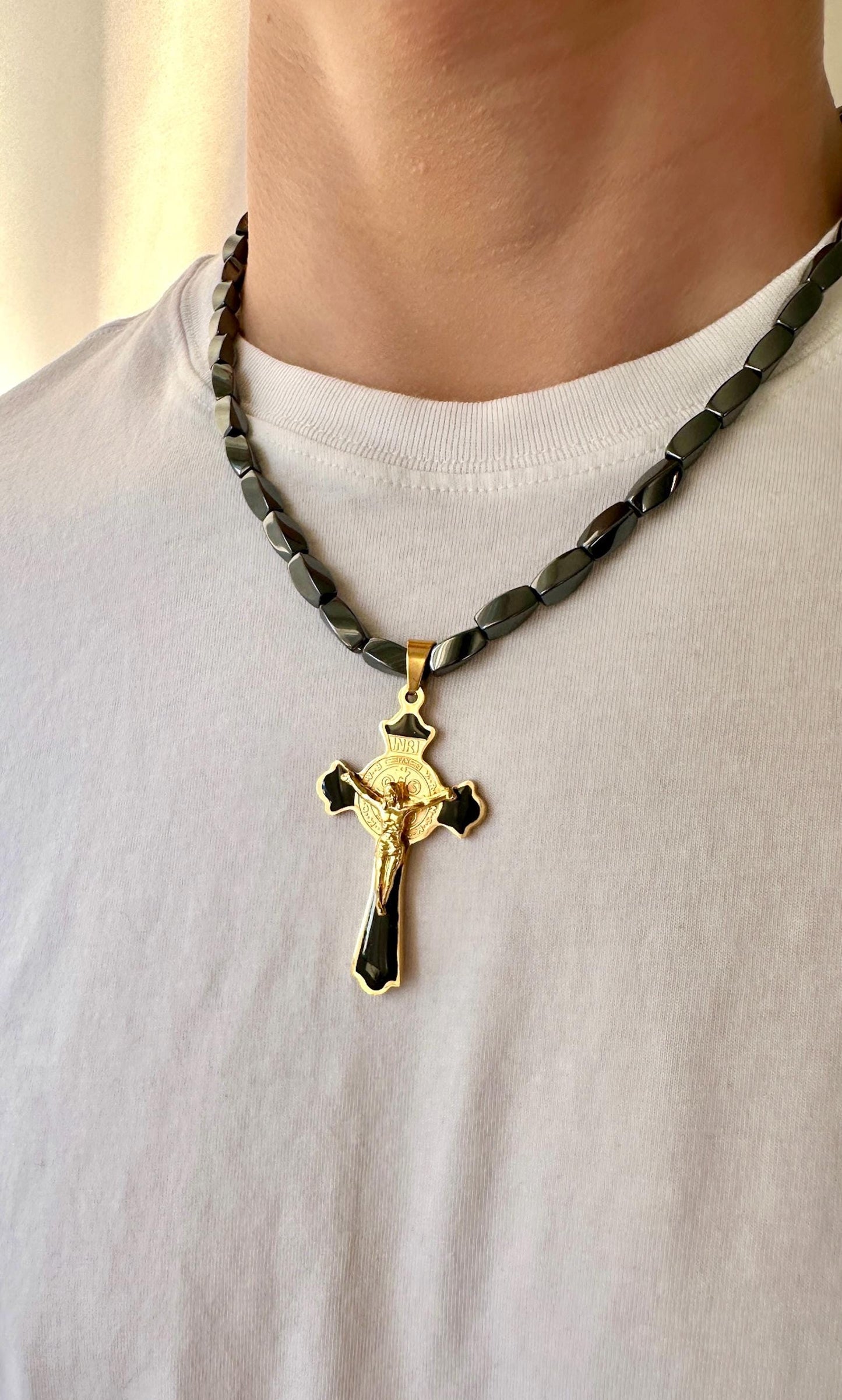 Chunky Black Cross Necklace, Crucifix Necklace Men Waterproof, Men's Cross Necklace Men's Magnetic Necklace Hematite Cross Necklace Dad Gift