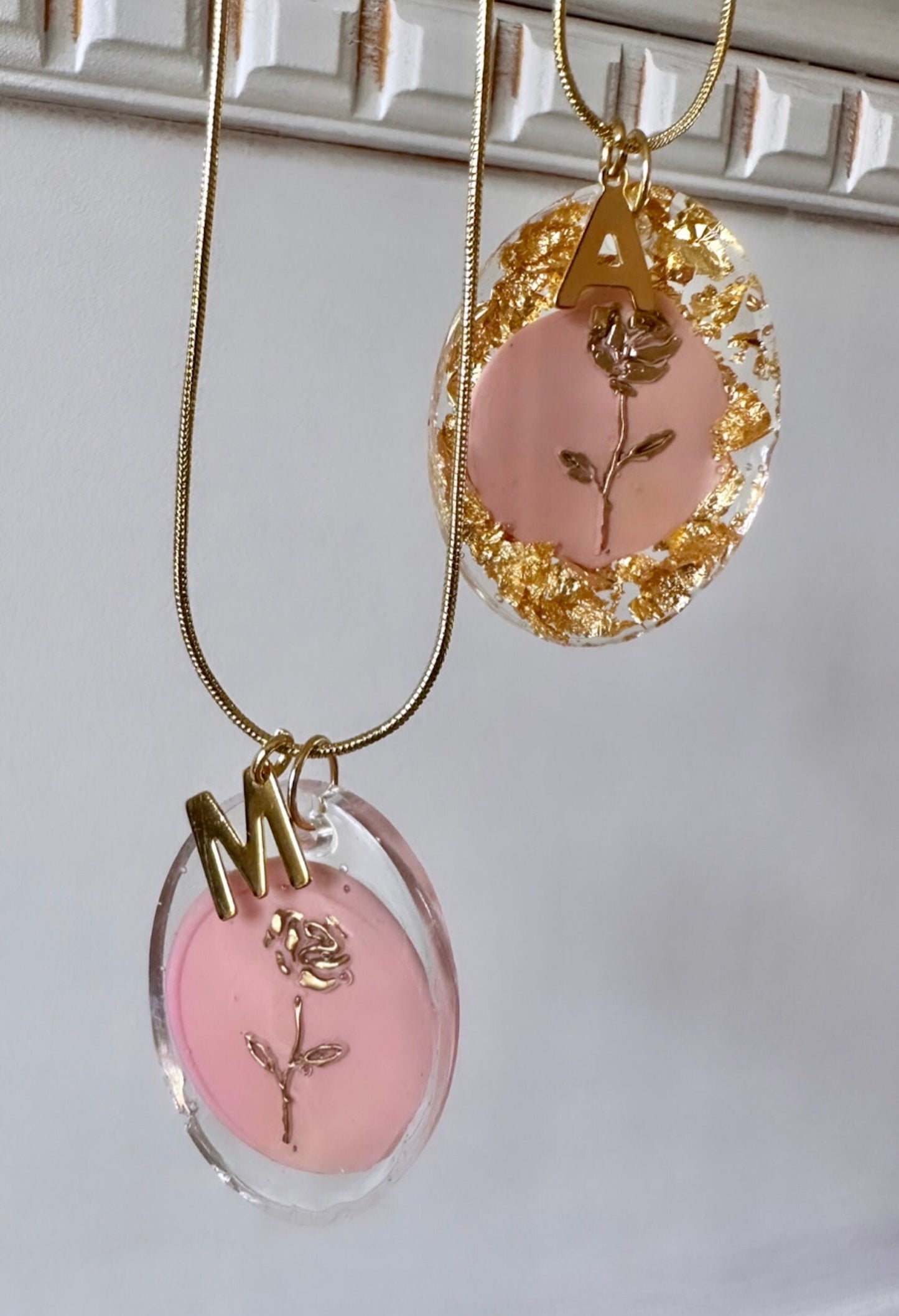Resin Rose Necklace, Gold Initial Necklace Stainless Steel, Gold Rose Flower Necklace, Gold Letter Necklace, Custom Flower Necklace